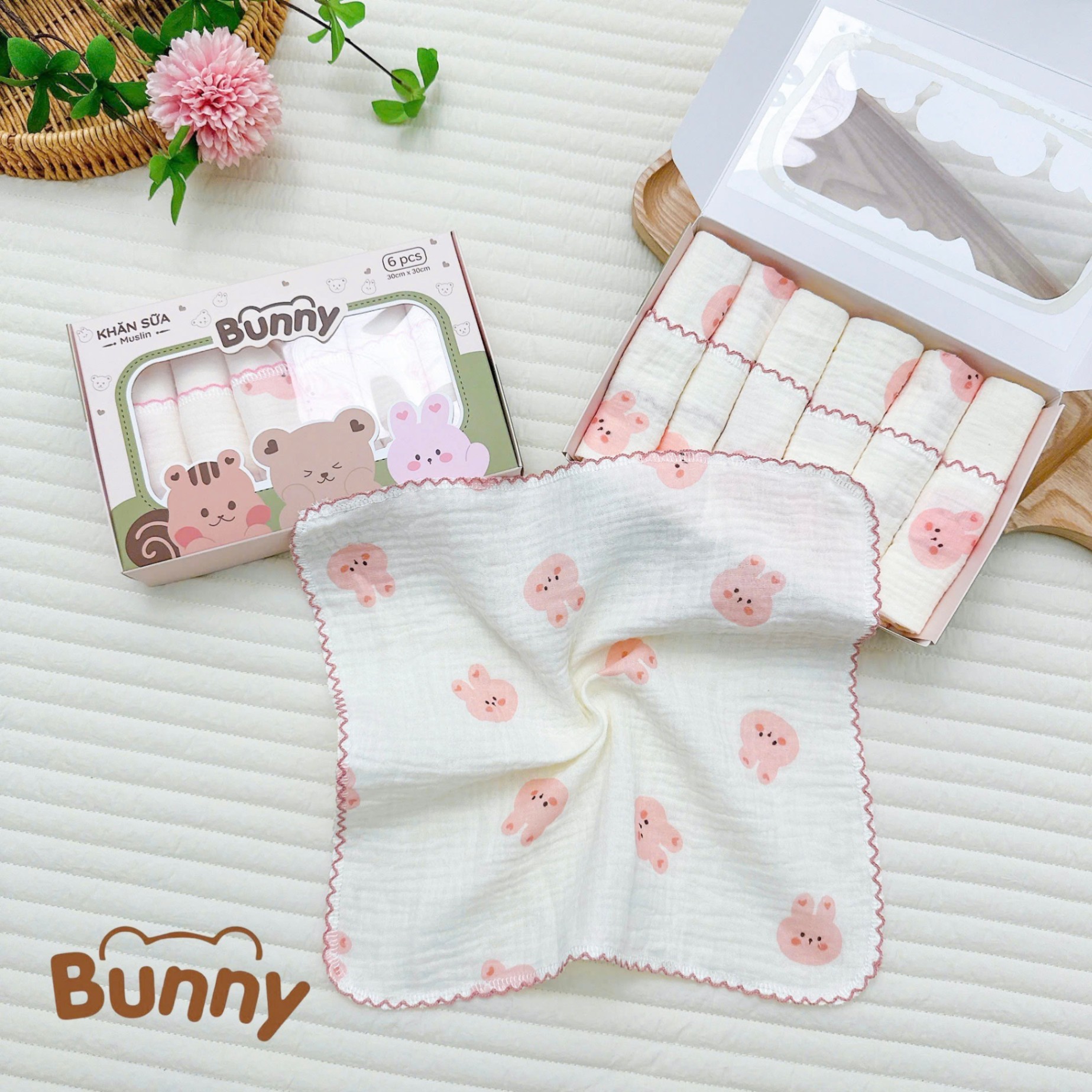 Set 6 khăn sữa vải xô Muslin Bunny 100% Organic 2 lớp dày dặn, thấm hút, kháng khuẩn siêu mềm mịn cho bé sơ sinh