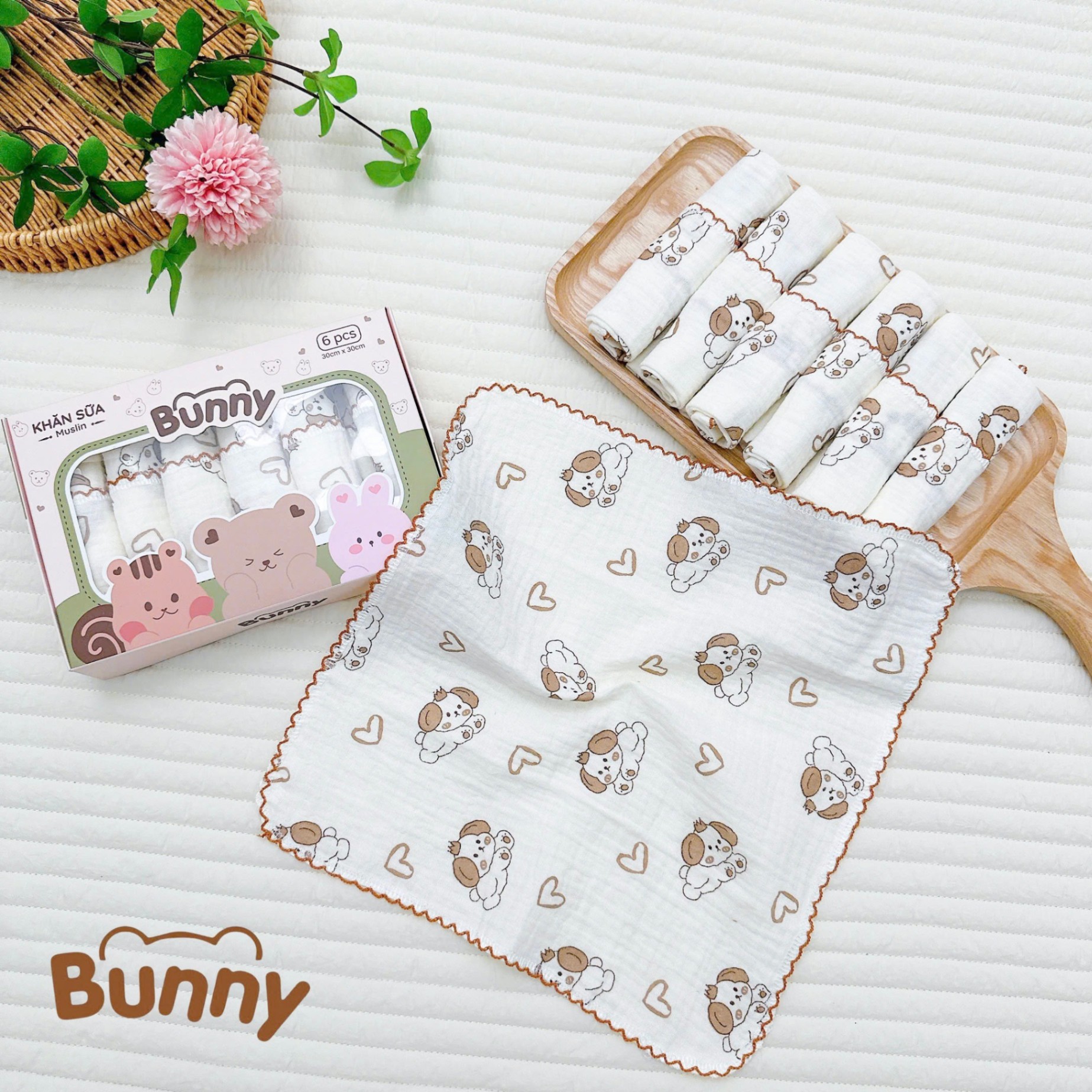 Set 6 khăn sữa vải xô Muslin Bunny 100% Organic 2 lớp dày dặn, thấm hút, kháng khuẩn siêu mềm mịn cho bé sơ sinh