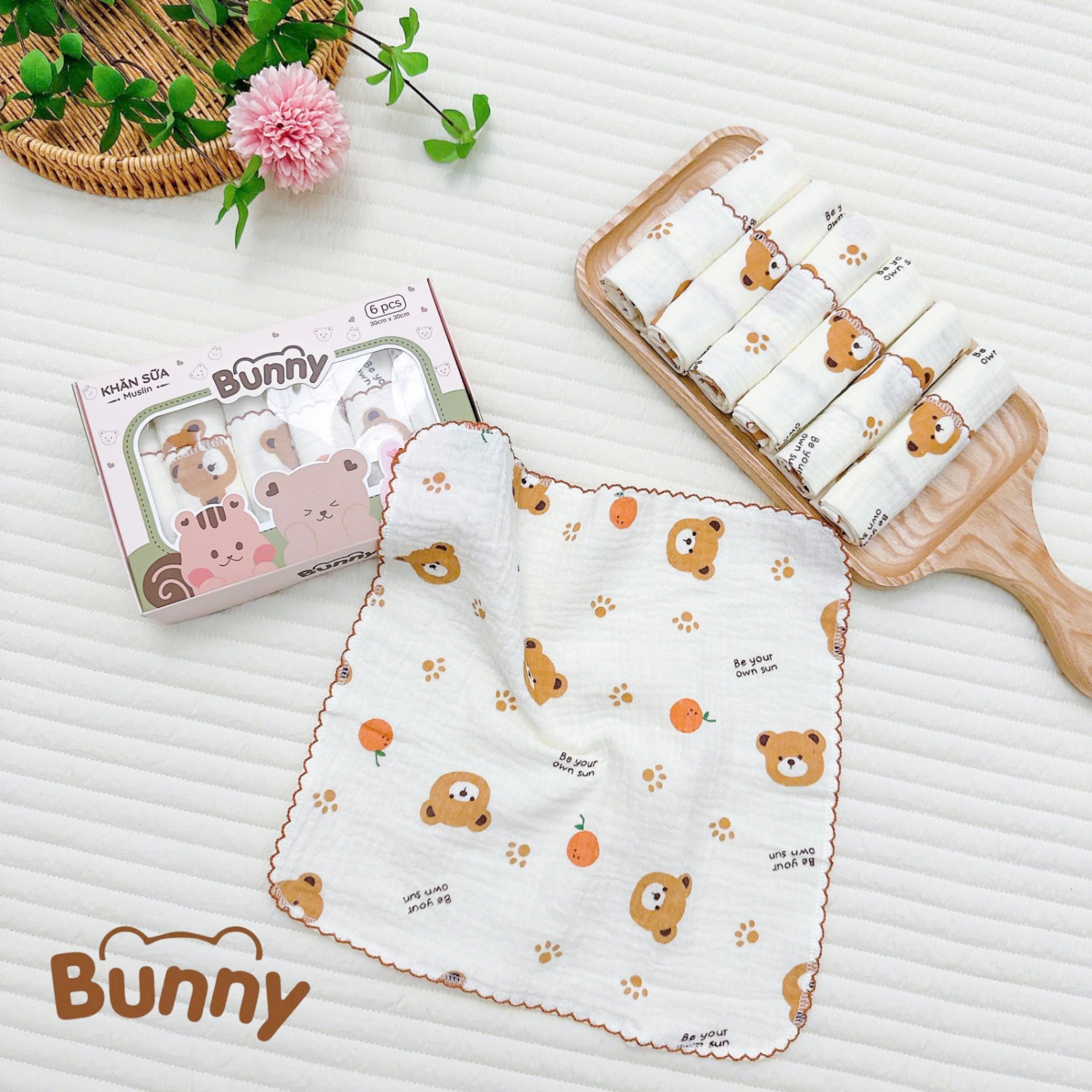 Set 6 khăn sữa vải xô Muslin Bunny 100% Organic 2 lớp dày dặn, thấm hút, kháng khuẩn siêu mềm mịn cho bé sơ sinh