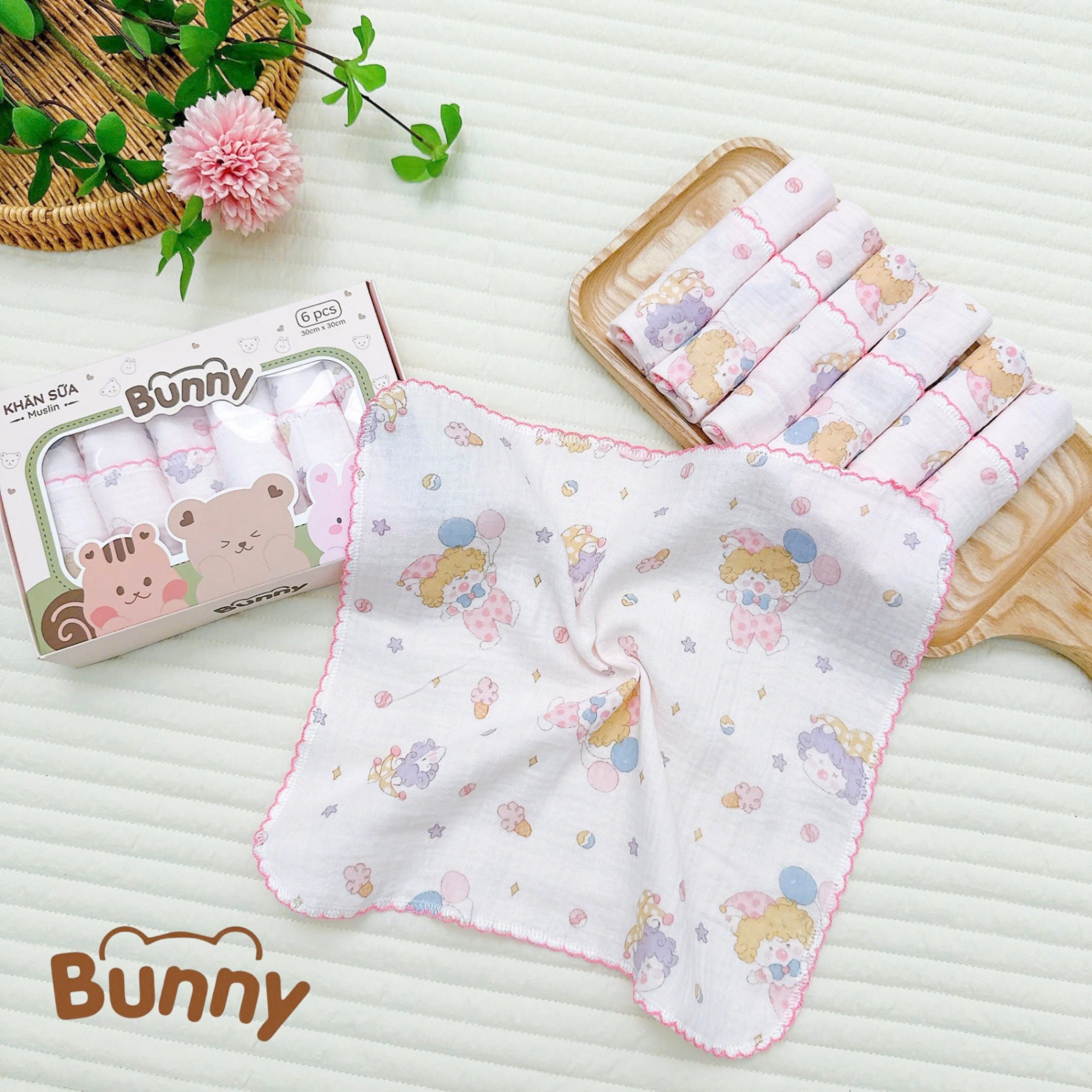 Set 6 khăn sữa vải xô Muslin Bunny 100% Organic 2 lớp dày dặn, thấm hút, kháng khuẩn siêu mềm mịn cho bé sơ sinh