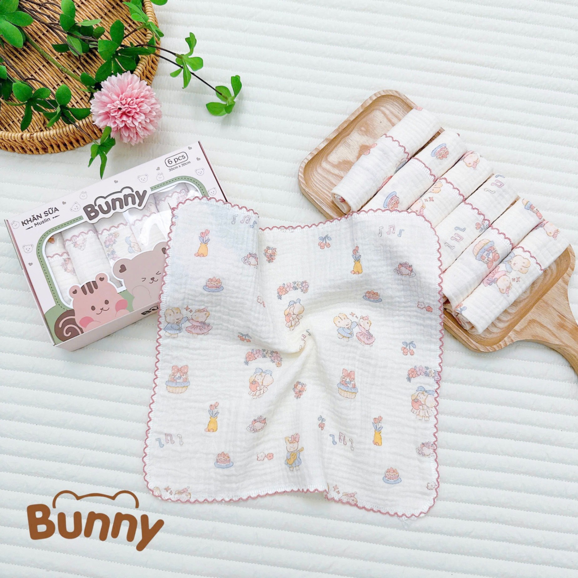 Set 6 khăn sữa vải xô Muslin Bunny 100% Organic 2 lớp dày dặn, thấm hút, kháng khuẩn siêu mềm mịn cho bé sơ sinh