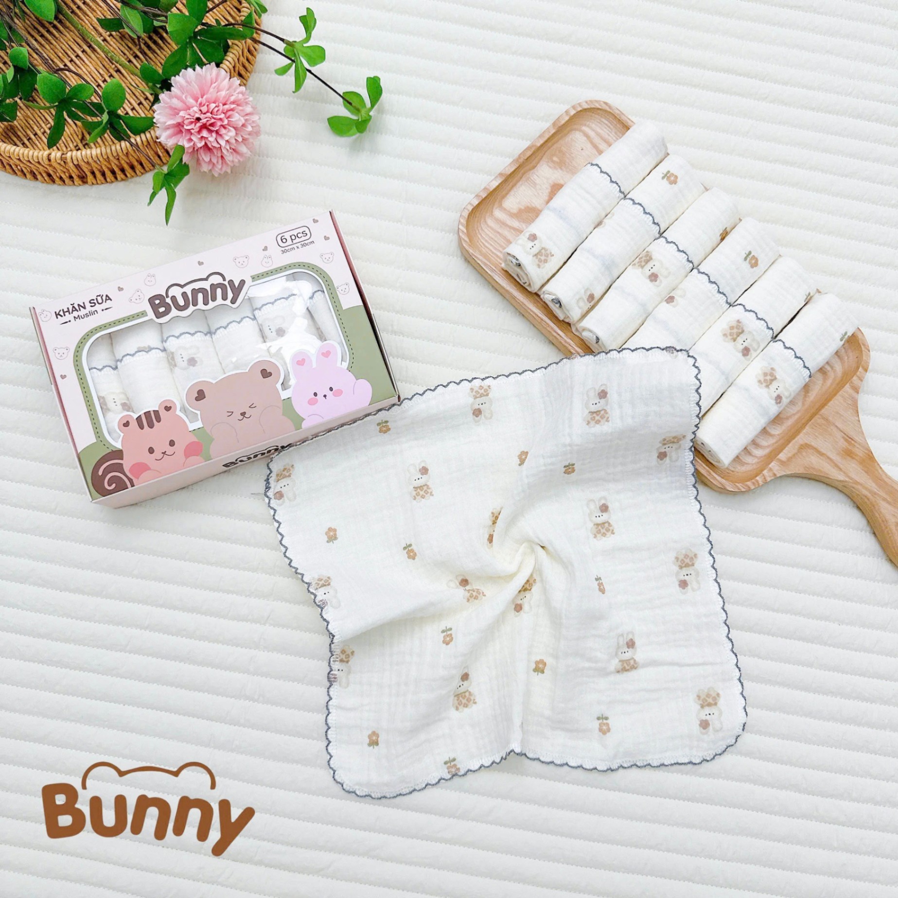 Set 6 khăn sữa vải xô Muslin Bunny 100% Organic 2 lớp dày dặn, thấm hút, kháng khuẩn siêu mềm mịn cho bé sơ sinh