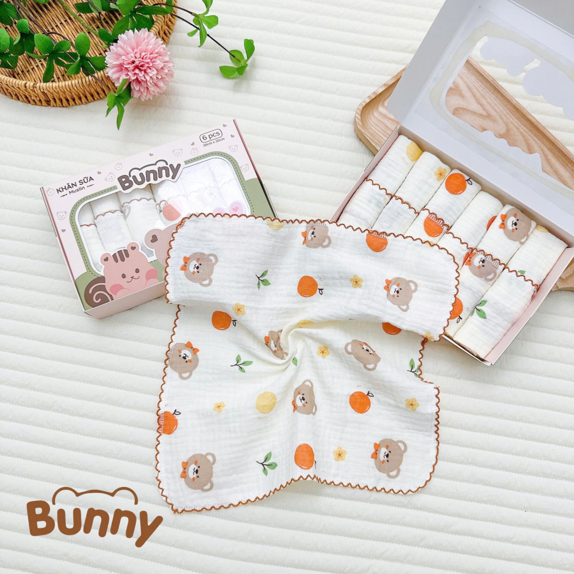 Set 6 khăn sữa vải xô Muslin Bunny 100% Organic 2 lớp dày dặn, thấm hút, kháng khuẩn siêu mềm mịn cho bé sơ sinh