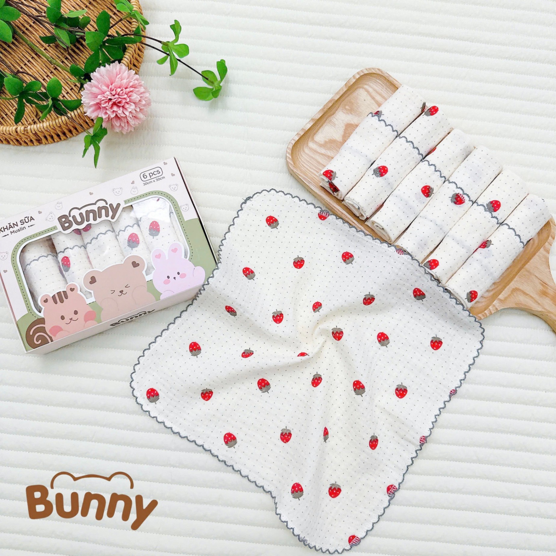 Set 6 khăn sữa vải xô Muslin Bunny 100% Organic 2 lớp dày dặn, thấm hút, kháng khuẩn siêu mềm mịn cho bé sơ sinh