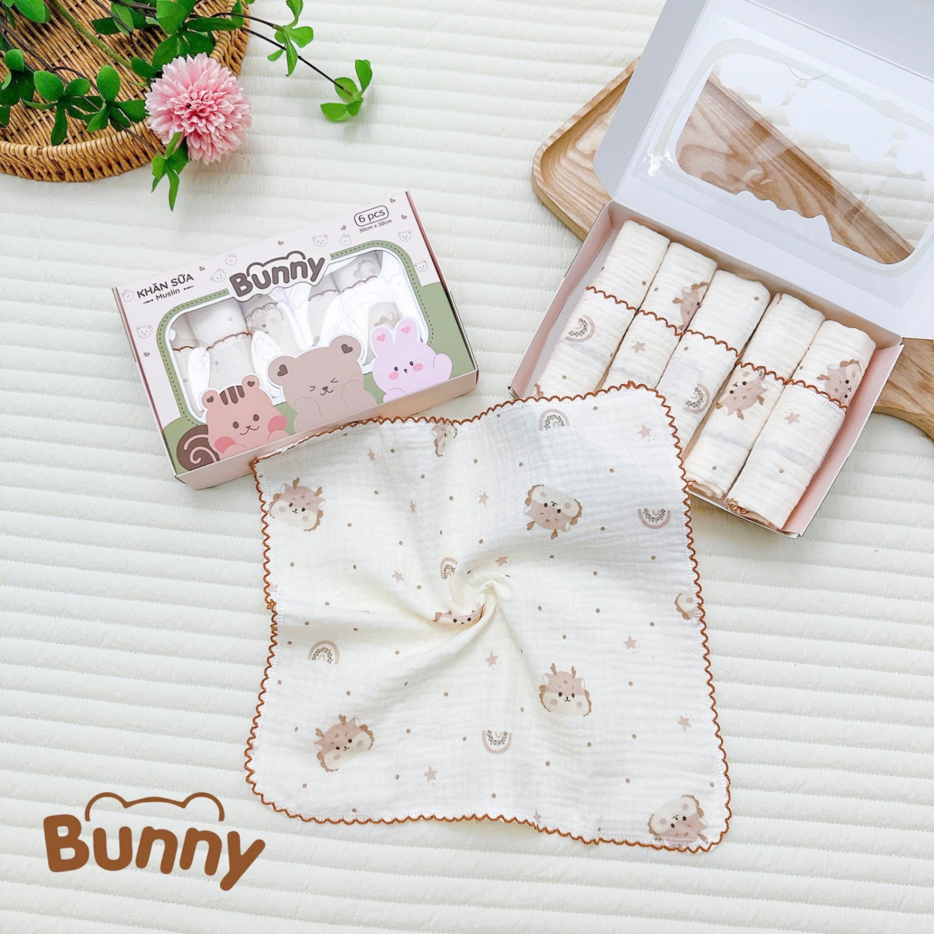 Set 6 khăn sữa vải xô Muslin Bunny 100% Organic 2 lớp dày dặn, thấm hút, kháng khuẩn siêu mềm mịn cho bé sơ sinh