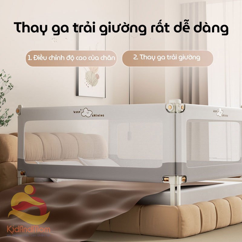 Thanh chắn giường cho bé an toàn KidAndMom BR25 độ cao 105cm thiết kế chống kẹt, chống vấp ngã, nâng hạ 1 hoặc 2 đầu, không cần bắt vít