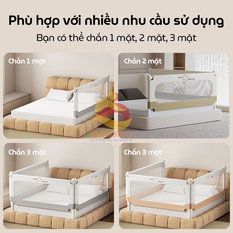 Thanh chắn giường cho bé an toàn KidAndMom BR25 độ cao 105cm thiết kế chống kẹt, chống vấp ngã, nâng hạ 1 hoặc 2 đầu, không cần bắt vít