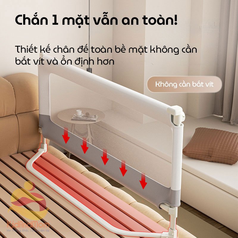 Thanh chắn giường cho bé an toàn KidAndMom BR25 độ cao 105cm thiết kế chống kẹt, chống vấp ngã, nâng hạ 1 hoặc 2 đầu, không cần bắt vít