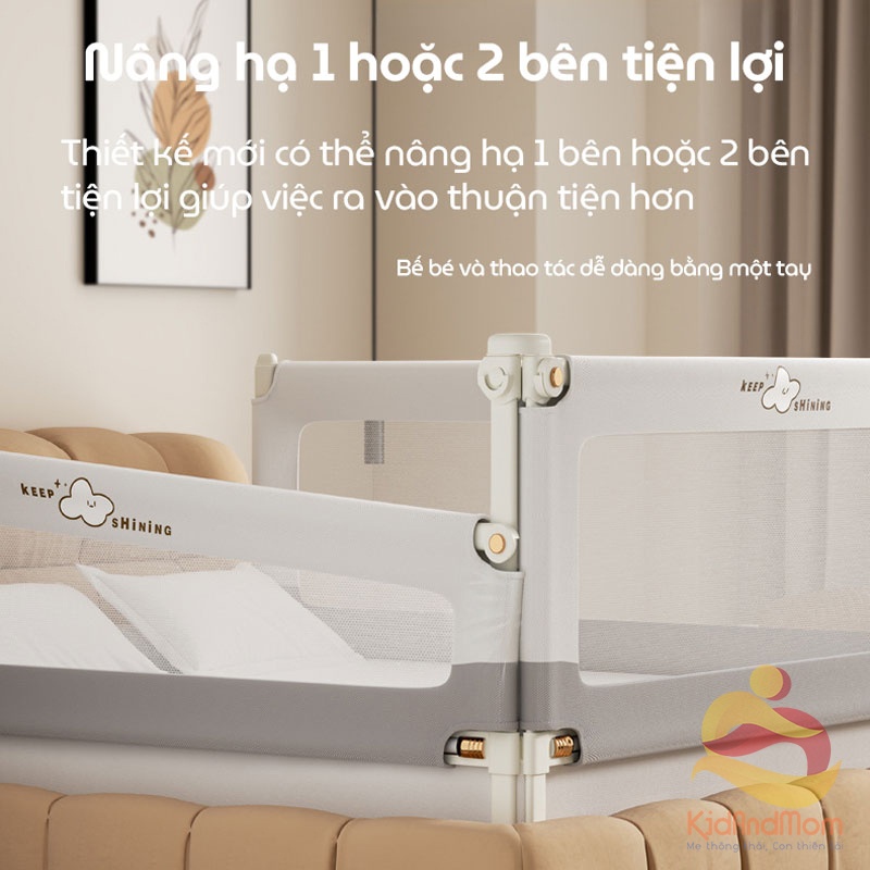 Thanh chắn giường cho bé an toàn KidAndMom BR25 độ cao 105cm thiết kế chống kẹt, chống vấp ngã, nâng hạ 1 hoặc 2 đầu, không cần bắt vít