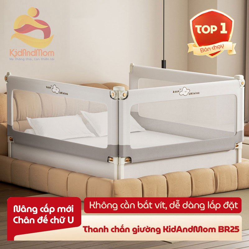 Thanh chắn giường cho bé an toàn KidAndMom BR25 độ cao 105cm thiết kế chống kẹt, chống vấp ngã, nâng hạ 1 hoặc 2 đầu, không cần bắt vít