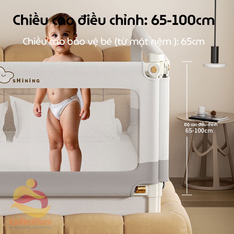 Thanh chắn giường cho bé an toàn KidAndMom BR25 độ cao 105cm thiết kế chống kẹt, chống vấp ngã, nâng hạ 1 hoặc 2 đầu, không cần bắt vít