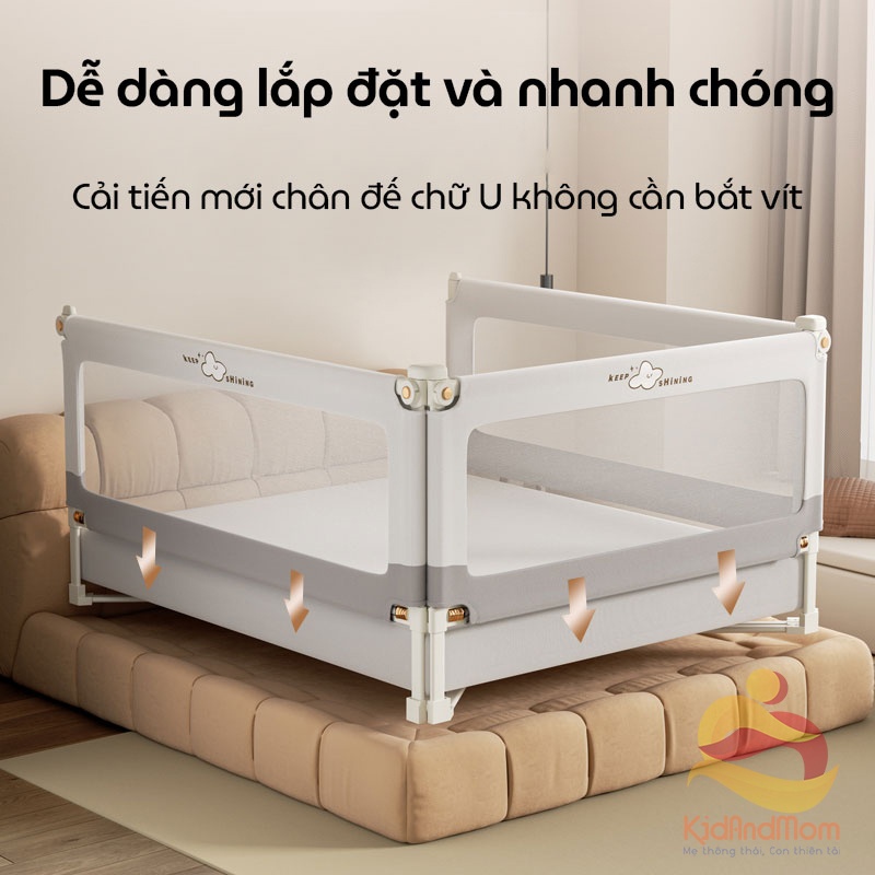 Thanh chắn giường cho bé an toàn KidAndMom BR25 độ cao 105cm thiết kế chống kẹt, chống vấp ngã, nâng hạ 1 hoặc 2 đầu, không cần bắt vít