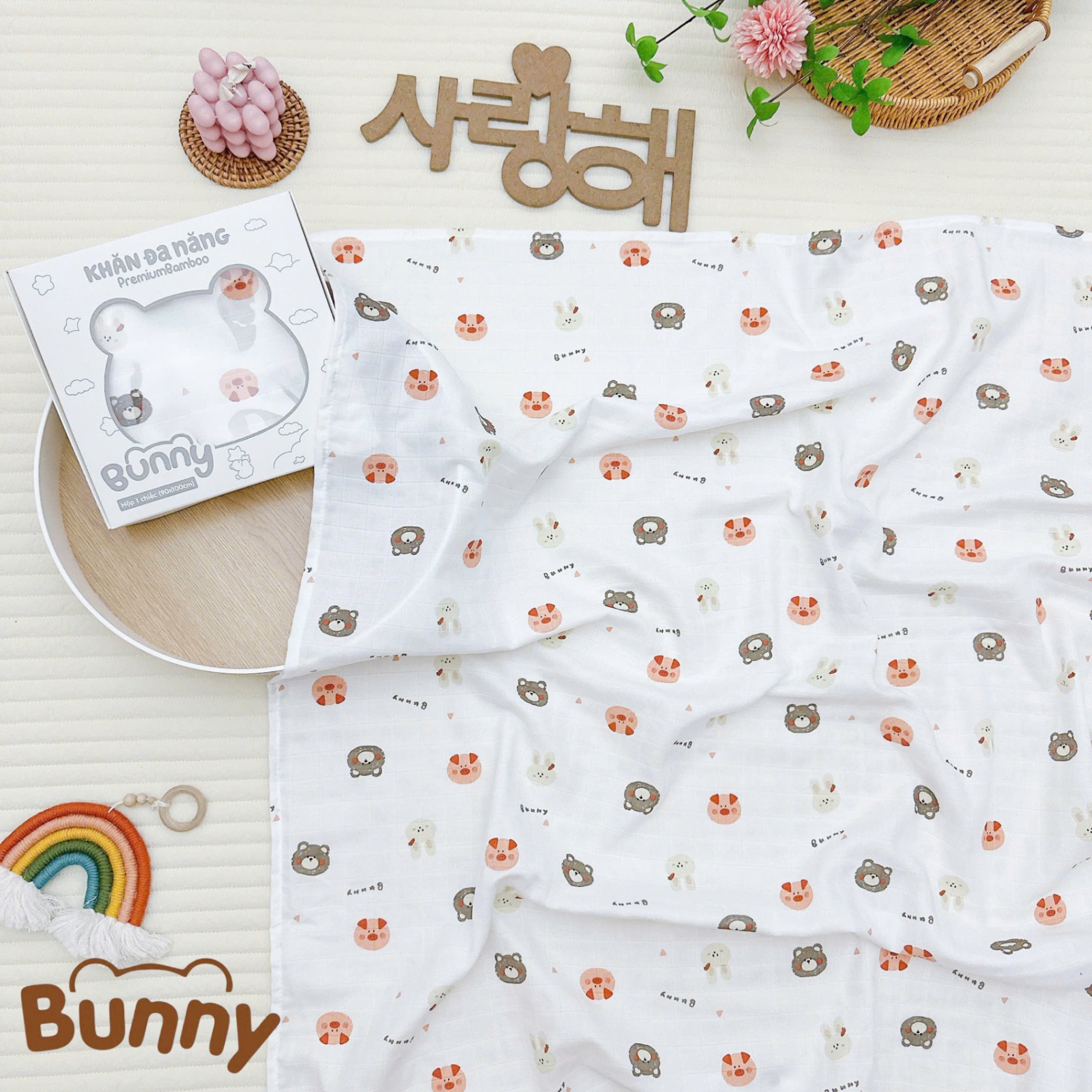 Khăn sợi tre cho bé yêu Bunny Premium Bamboo mềm mại đa năng làm khăn tắm, chăn đắp mùa hè, khăn ủ, khăn chùm xe đẩy kích thước 90x100cm