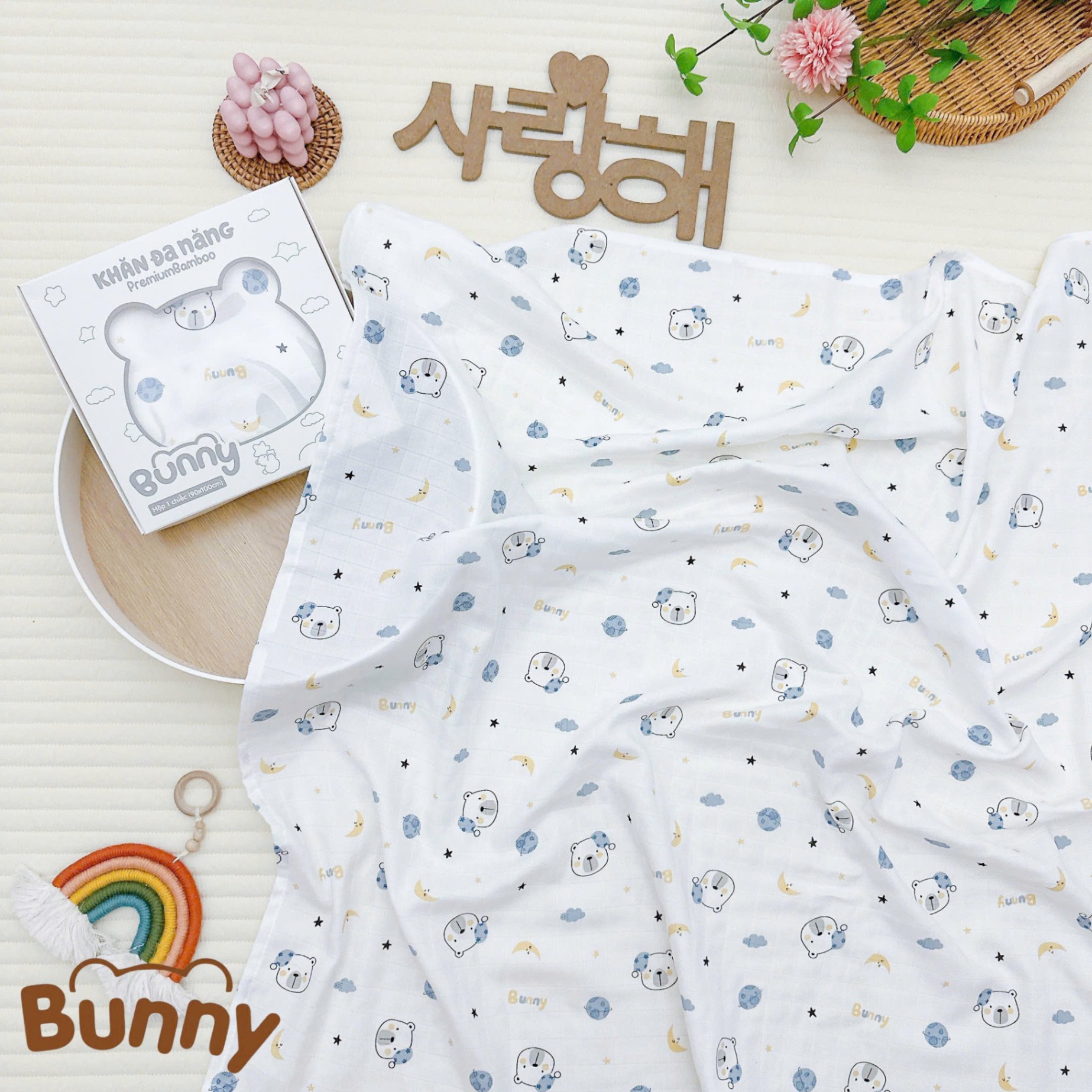 Khăn sợi tre cho bé yêu Bunny Premium Bamboo mềm mại đa năng làm khăn tắm, chăn đắp mùa hè, khăn ủ, khăn chùm xe đẩy kích thước 90x100cm