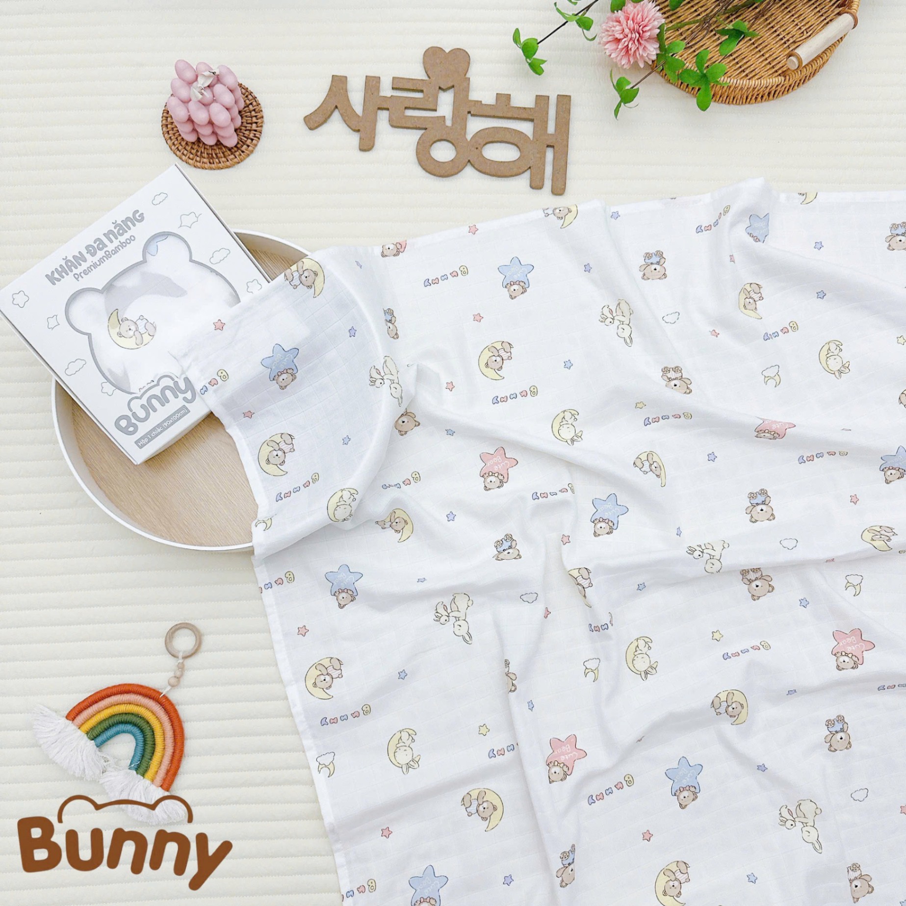 Khăn sợi tre cho bé yêu Bunny Premium Bamboo mềm mại đa năng làm khăn tắm, chăn đắp mùa hè, khăn ủ, khăn chùm xe đẩy kích thước 90x100cm