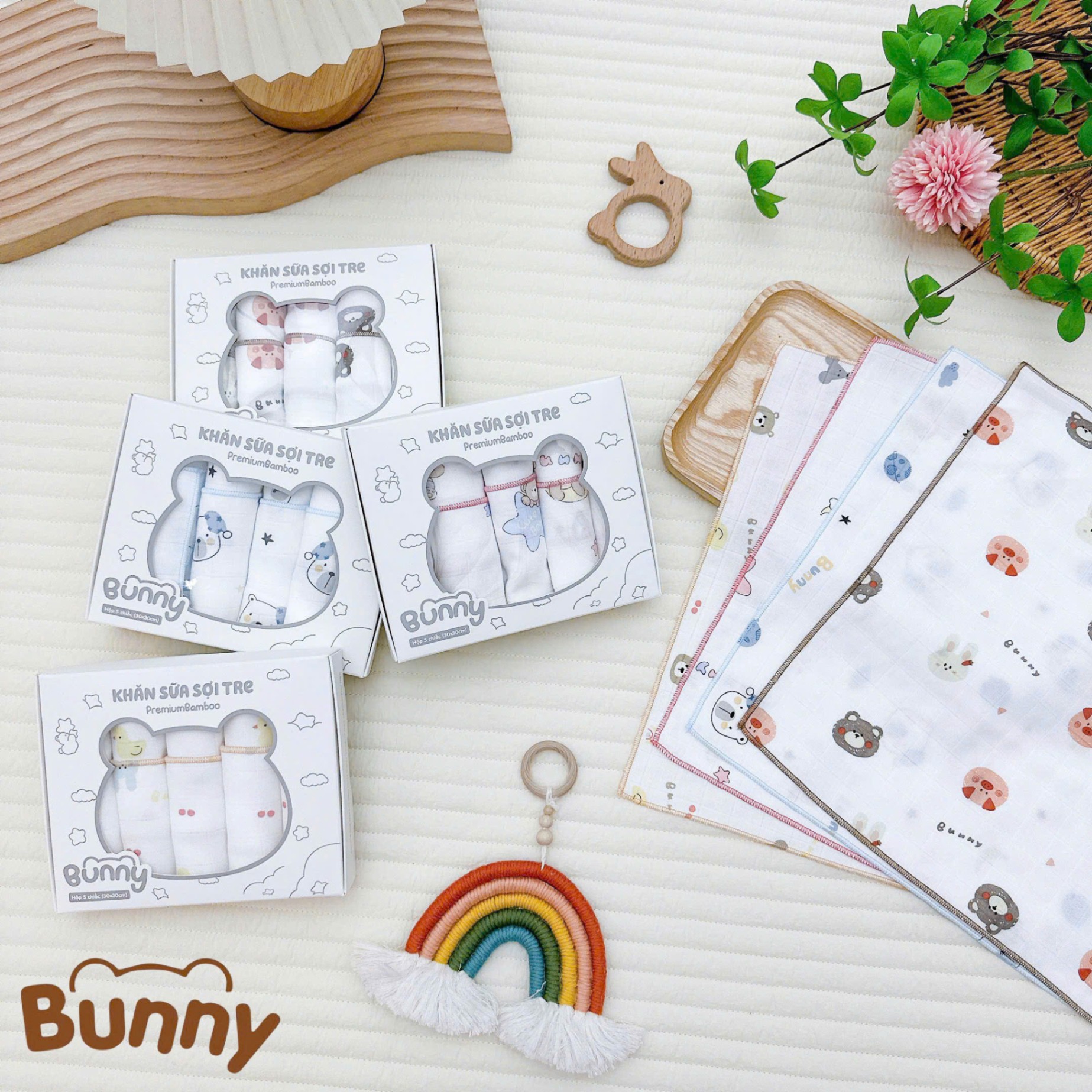 Set 5 khăn sữa cho bé sợi tre Bunny Premium Bamboo mềm mại, nhẹ nhàng như lụa càng dùng càng thích kích thước 30x30cm