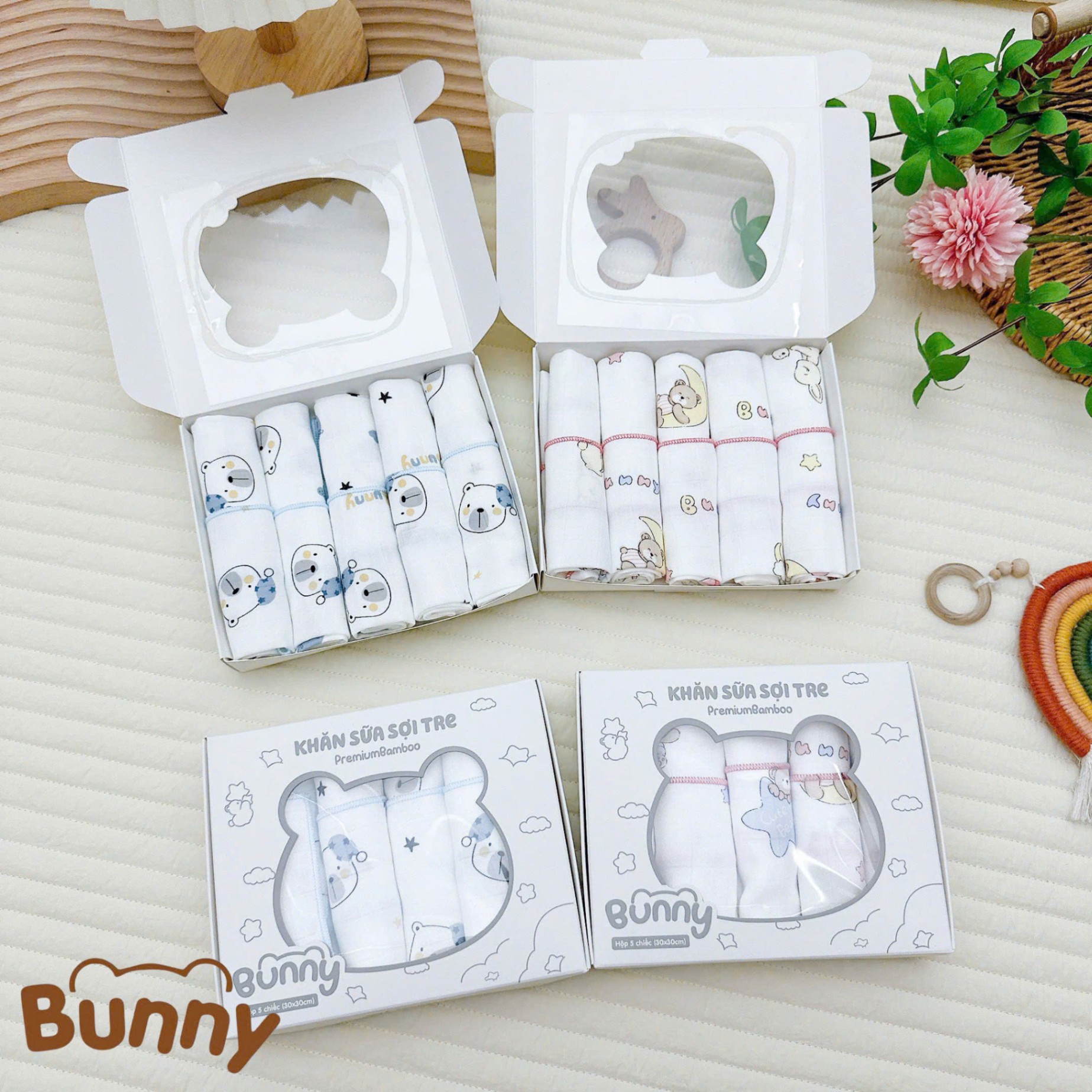 Set 5 khăn sữa cho bé sợi tre Bunny Premium Bamboo mềm mại, nhẹ nhàng như lụa càng dùng càng thích kích thước 30x30cm