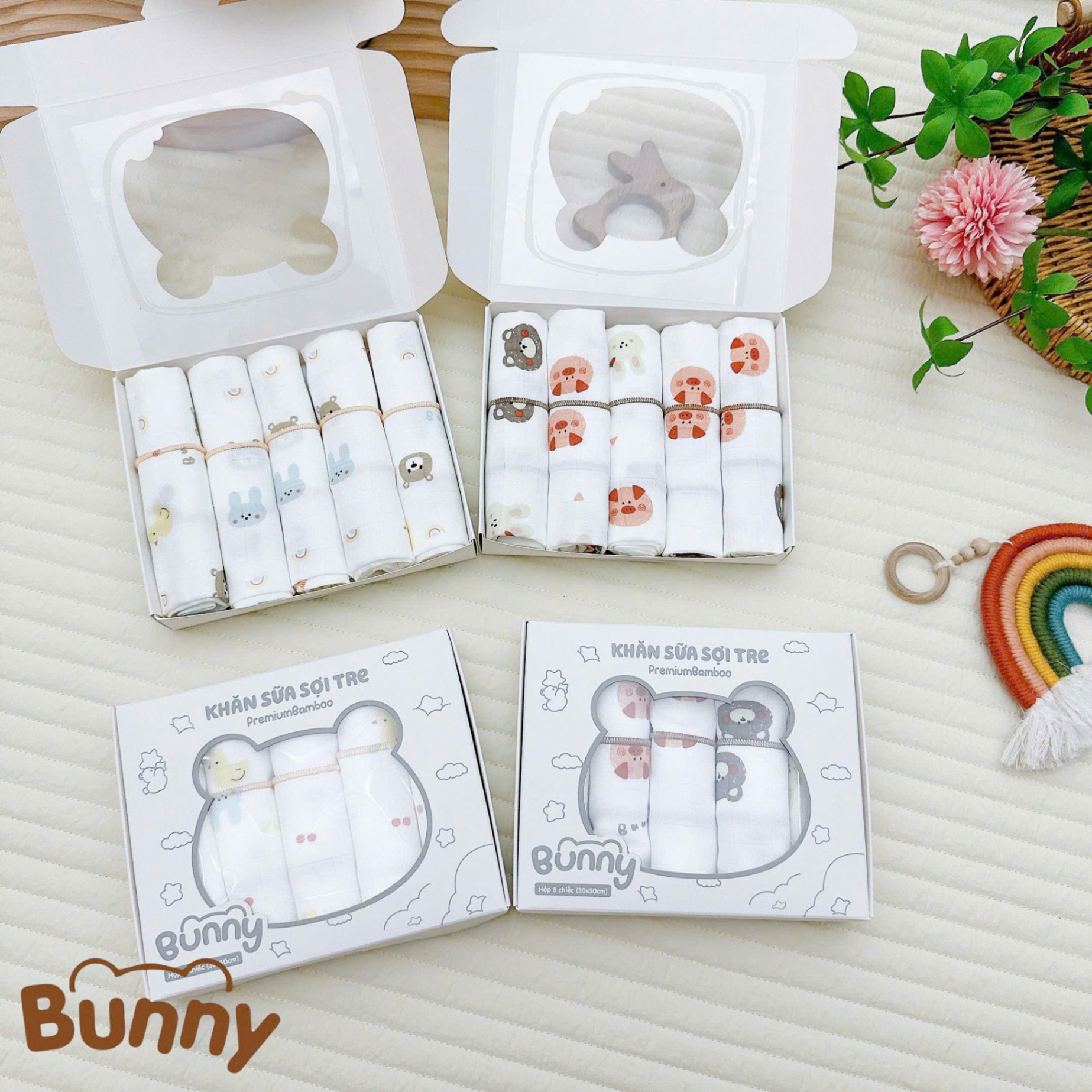 Set 5 khăn sữa cho bé sợi tre Bunny Premium Bamboo mềm mại, nhẹ nhàng như lụa càng dùng càng thích kích thước 30x30cm