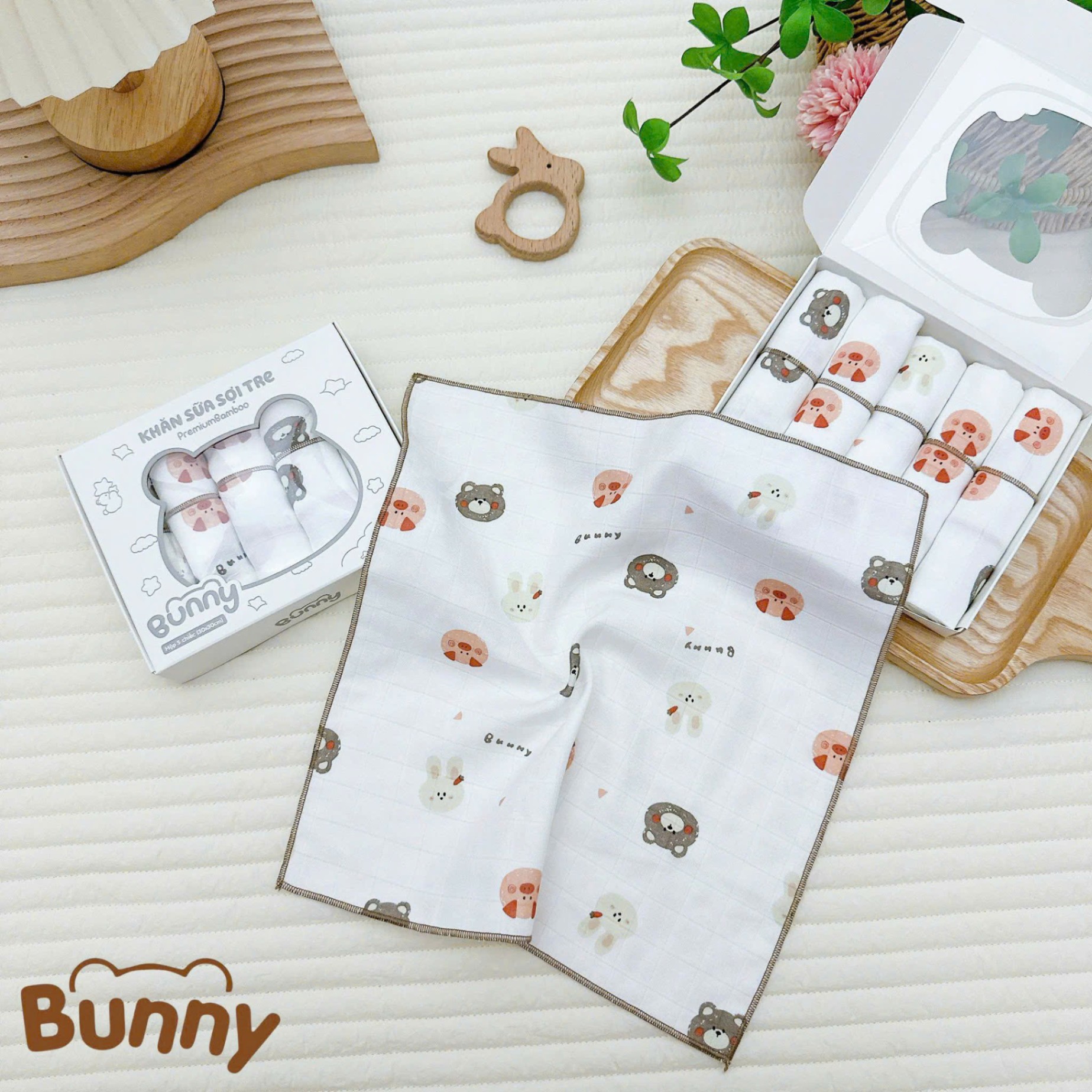 Set 5 khăn sữa cho bé sợi tre Bunny Premium Bamboo mềm mại, nhẹ nhàng như lụa càng dùng càng thích kích thước 30x30cm