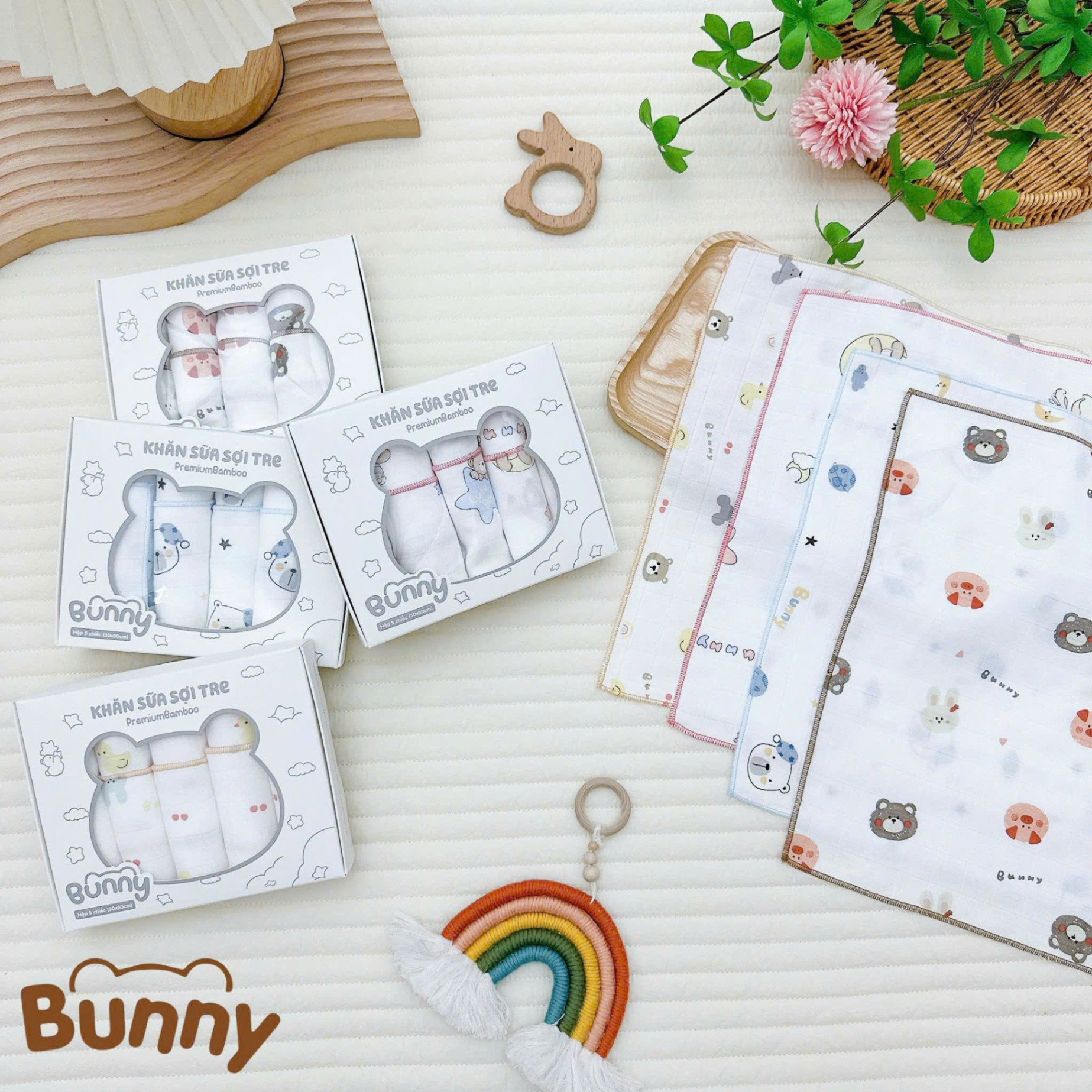 Set 5 khăn sữa cho bé sợi tre Bunny Premium Bamboo mềm mại, nhẹ nhàng như lụa càng dùng càng thích kích thước 30x30cm