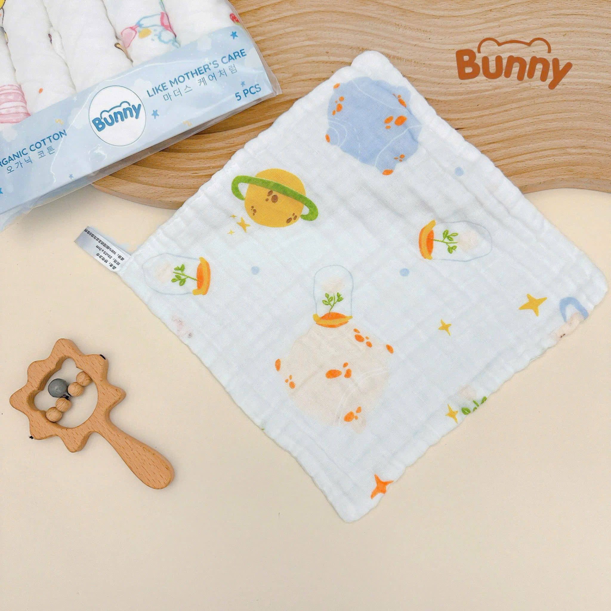 Set 5 khăn sữa Bunny xô nhăn 6 lớp Cotton Organic in hoạ tiết dùng cho trẻ sơ sinh, trẻ nhỏ siêu mềm, thấm hút kích thước 30x30cm