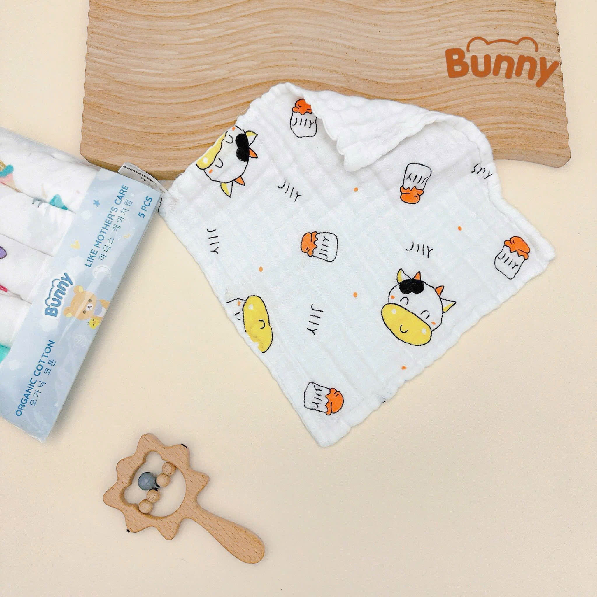 Set 5 khăn sữa Bunny xô nhăn 6 lớp Cotton Organic in hoạ tiết dùng cho trẻ sơ sinh, trẻ nhỏ siêu mềm, thấm hút kích thước 30x30cm