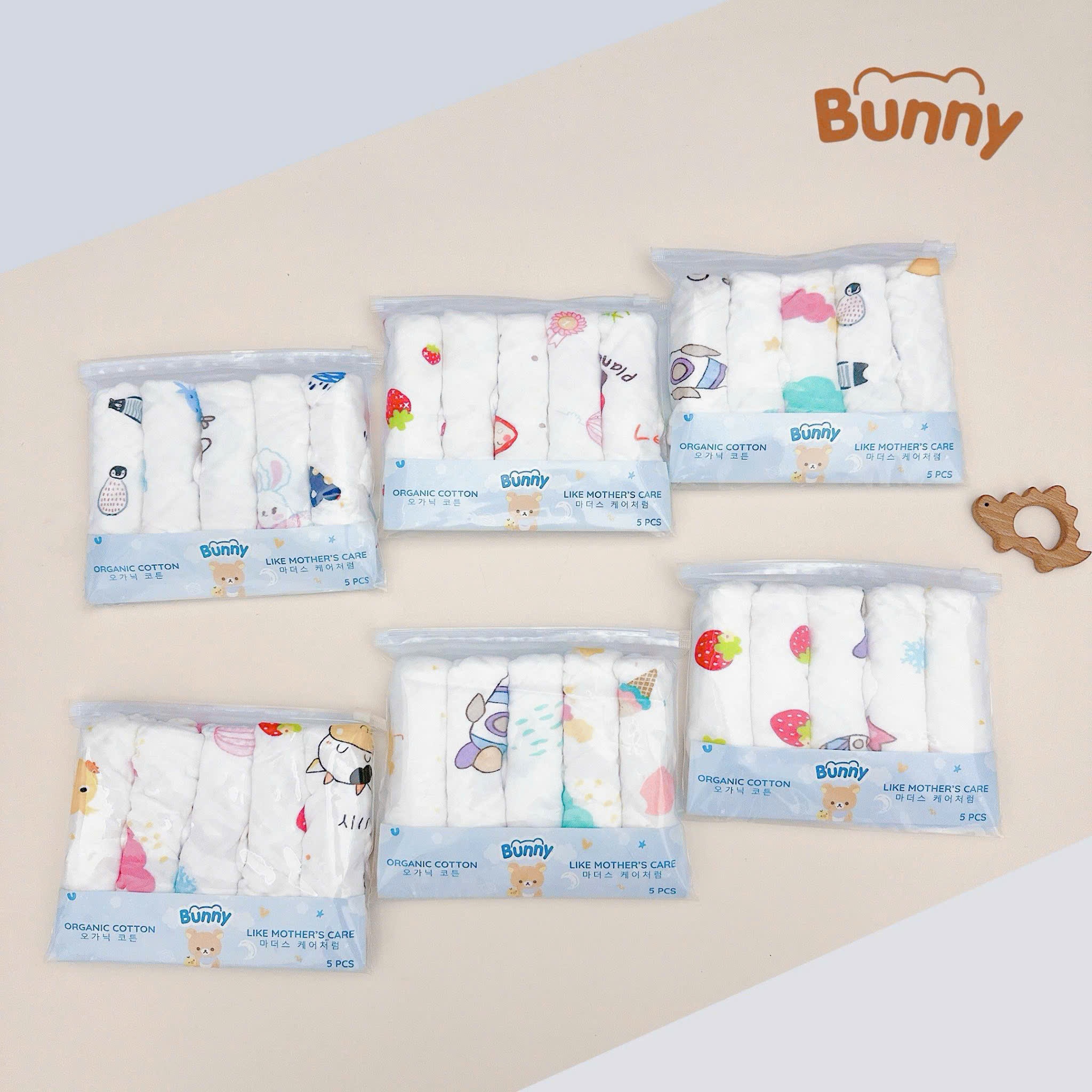 Set 5 khăn sữa Bunny xô nhăn 6 lớp Cotton Organic in hoạ tiết dùng cho trẻ sơ sinh, trẻ nhỏ siêu mềm, thấm hút kích thước 30x30cm