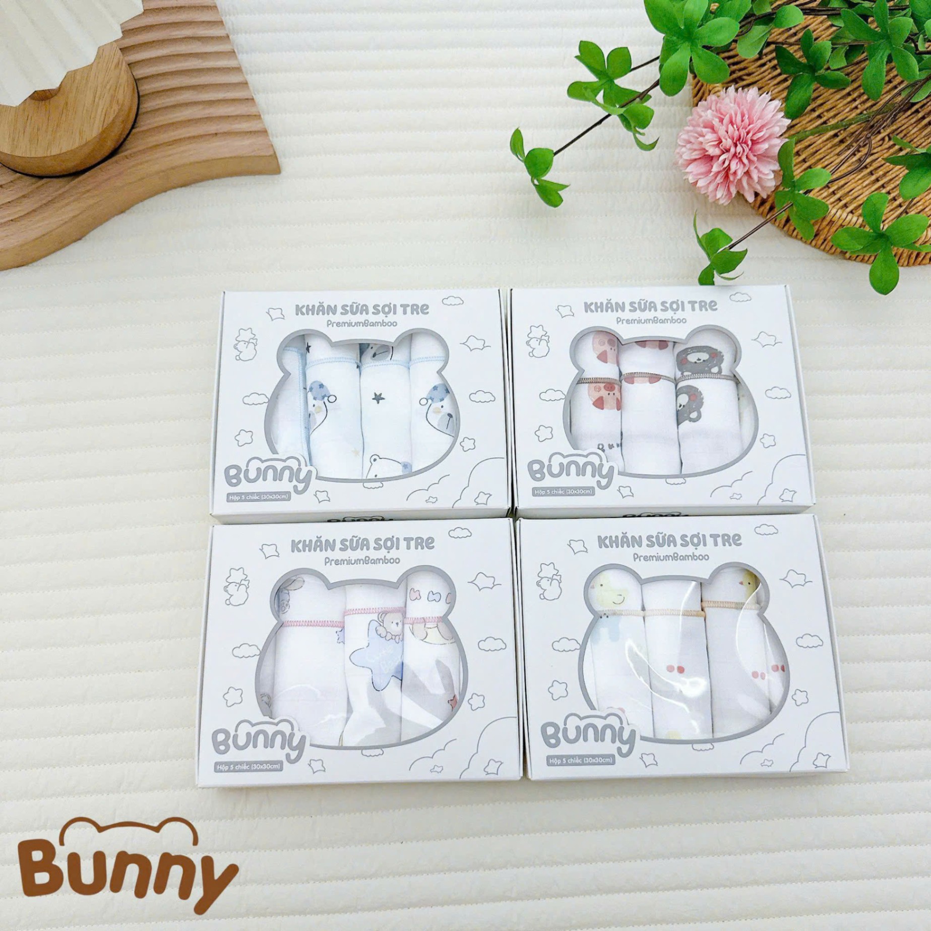 Set 5 khăn sữa cho bé sợi tre Bunny Premium Bamboo mềm mại, nhẹ nhàng như lụa càng dùng càng thích kích thước 30x30cm