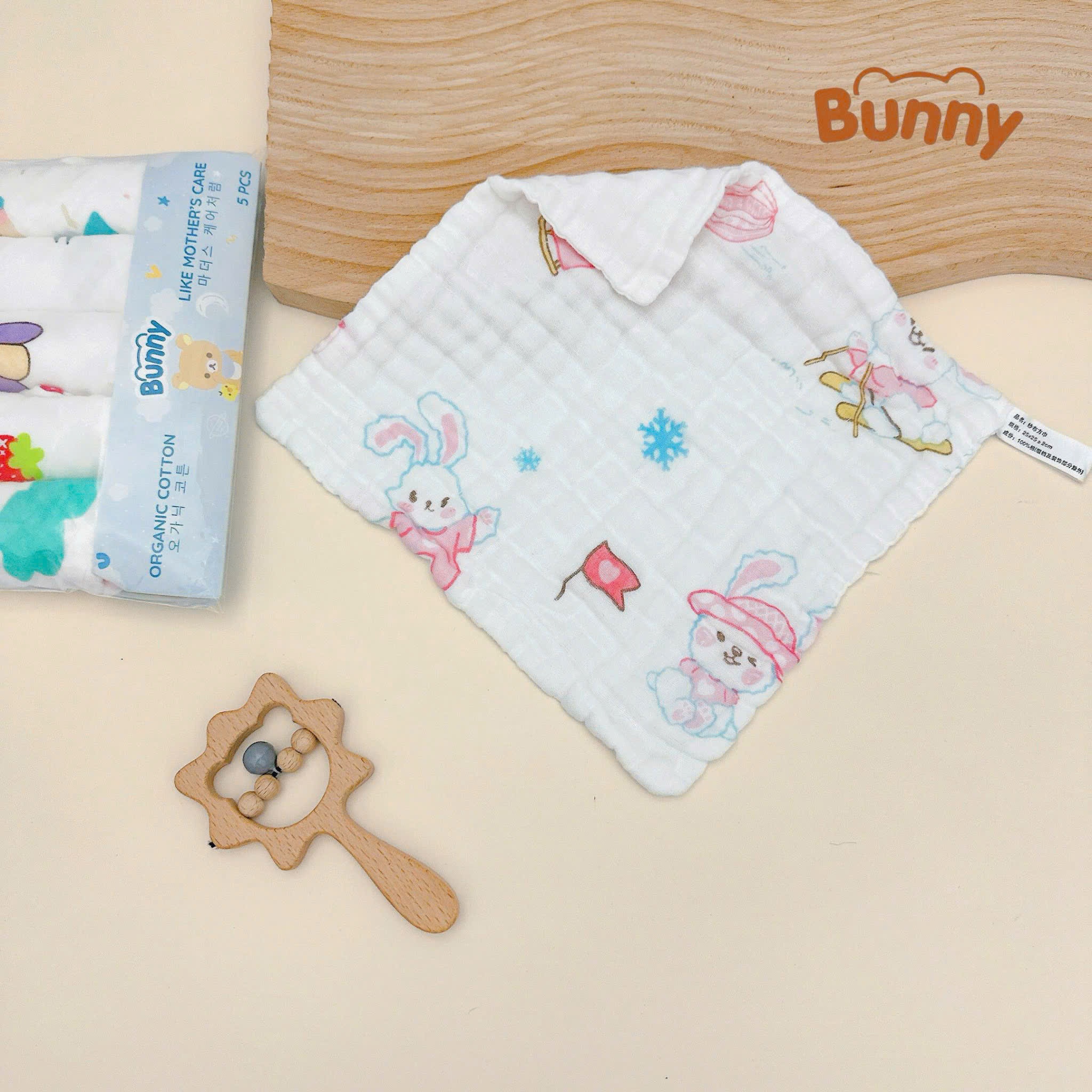 Set 5 khăn sữa Bunny xô nhăn 6 lớp Cotton Organic in hoạ tiết dùng cho trẻ sơ sinh, trẻ nhỏ siêu mềm, thấm hút kích thước 30x30cm