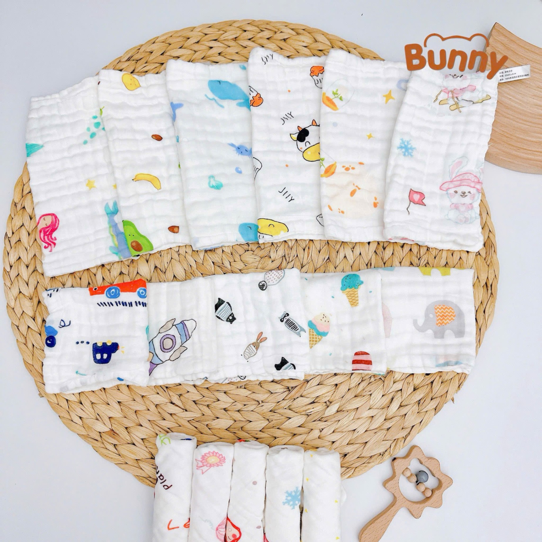 Set 5 khăn sữa Bunny xô nhăn 6 lớp Cotton Organic in hoạ tiết dùng cho trẻ sơ sinh, trẻ nhỏ siêu mềm, thấm hút kích thước 30x30cm