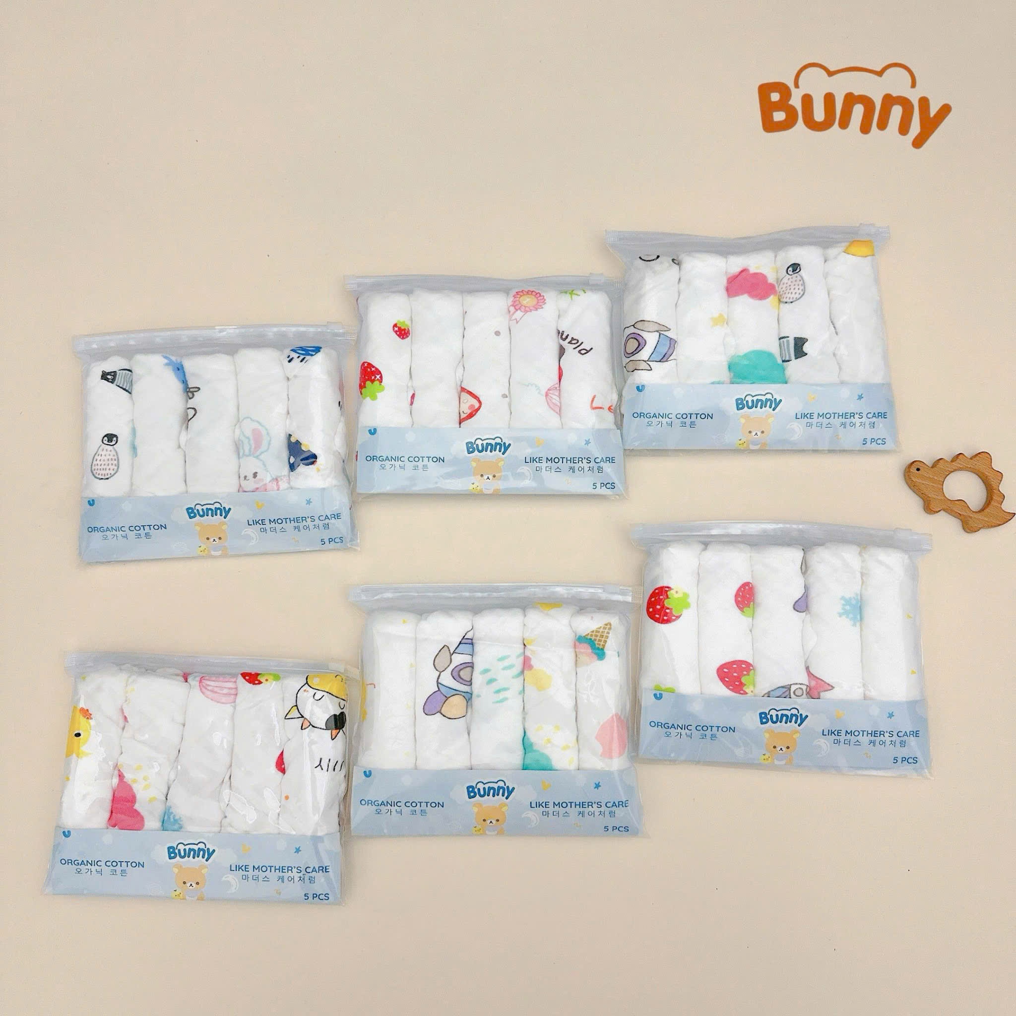 Set 5 khăn sữa Bunny xô nhăn 6 lớp Cotton Organic in hoạ tiết dùng cho trẻ sơ sinh, trẻ nhỏ siêu mềm, thấm hút kích thước 30x30cm