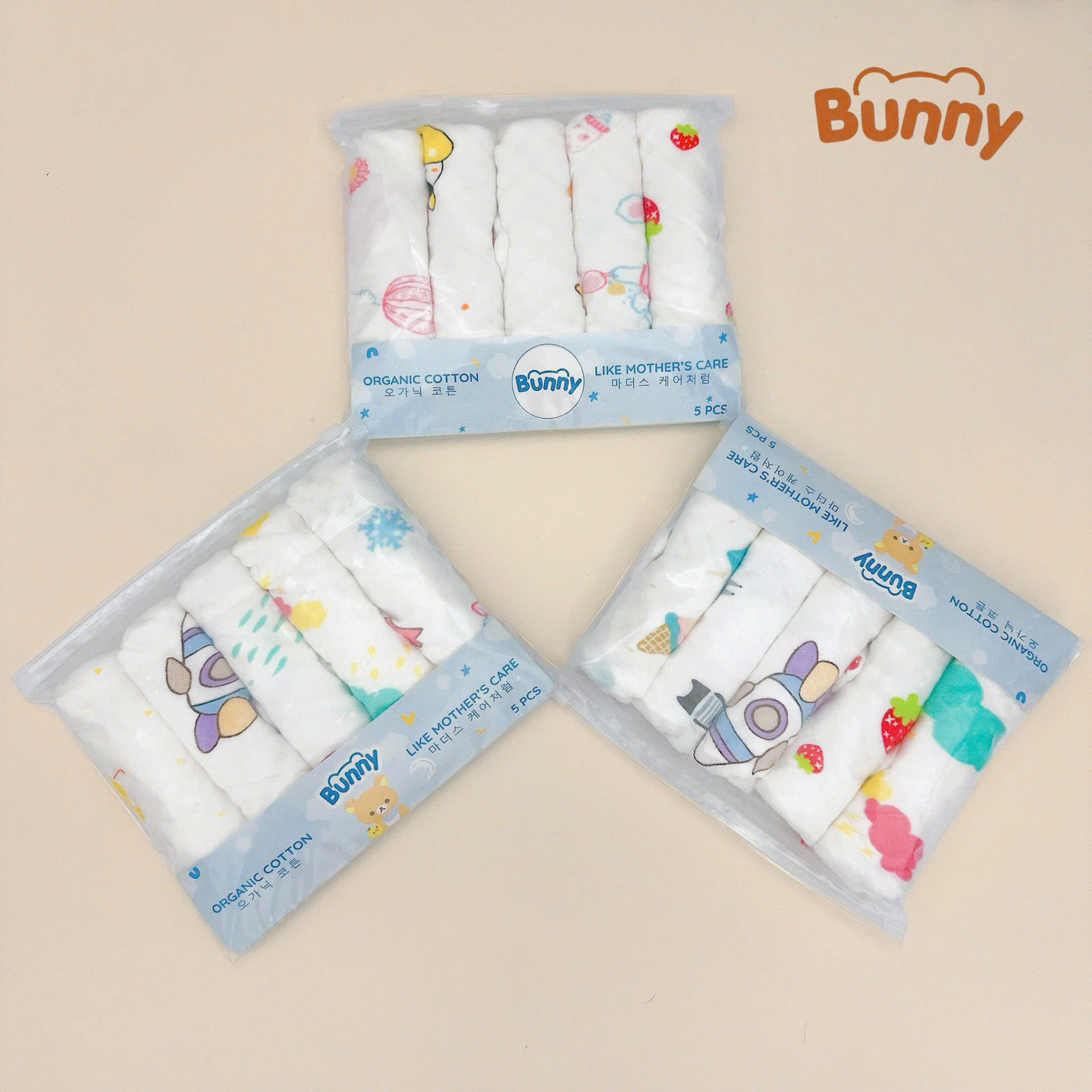 Set 5 khăn sữa Bunny xô nhăn 6 lớp Cotton Organic in hoạ tiết dùng cho trẻ sơ sinh, trẻ nhỏ siêu mềm, thấm hút kích thước 30x30cm