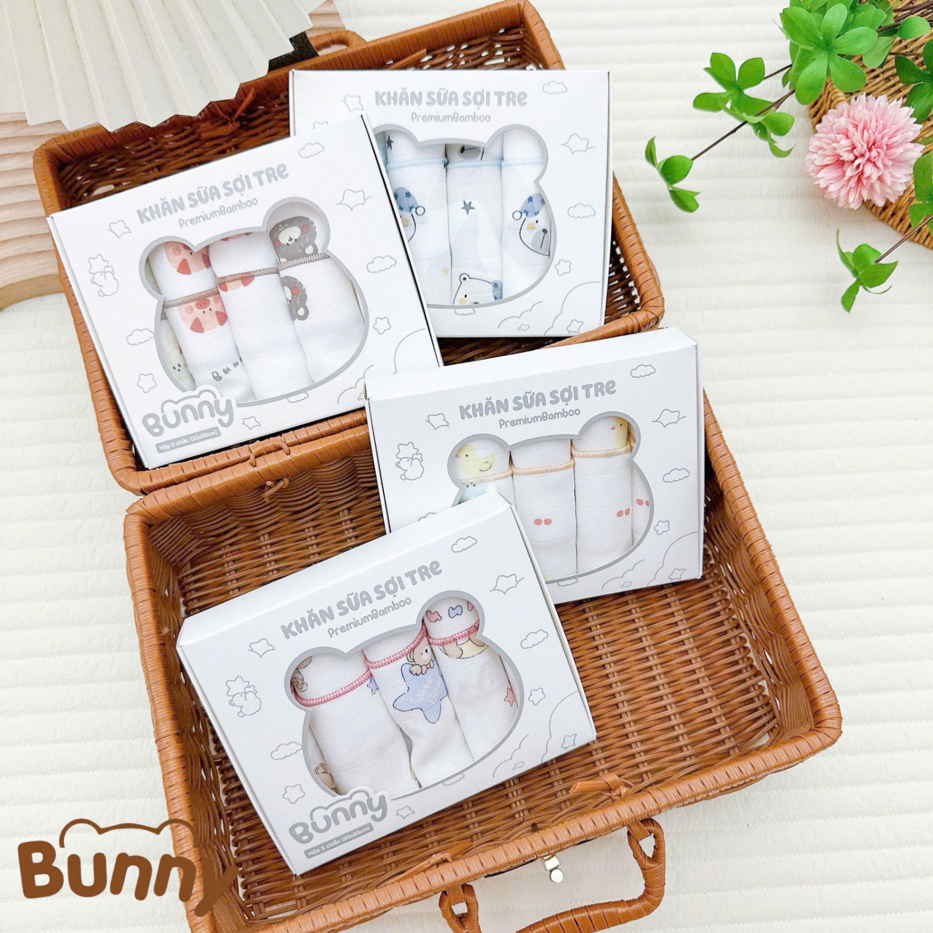 Set 5 khăn sữa cho bé sợi tre Bunny Premium Bamboo mềm mại, nhẹ nhàng như lụa càng dùng càng thích kích thước 30x30cm