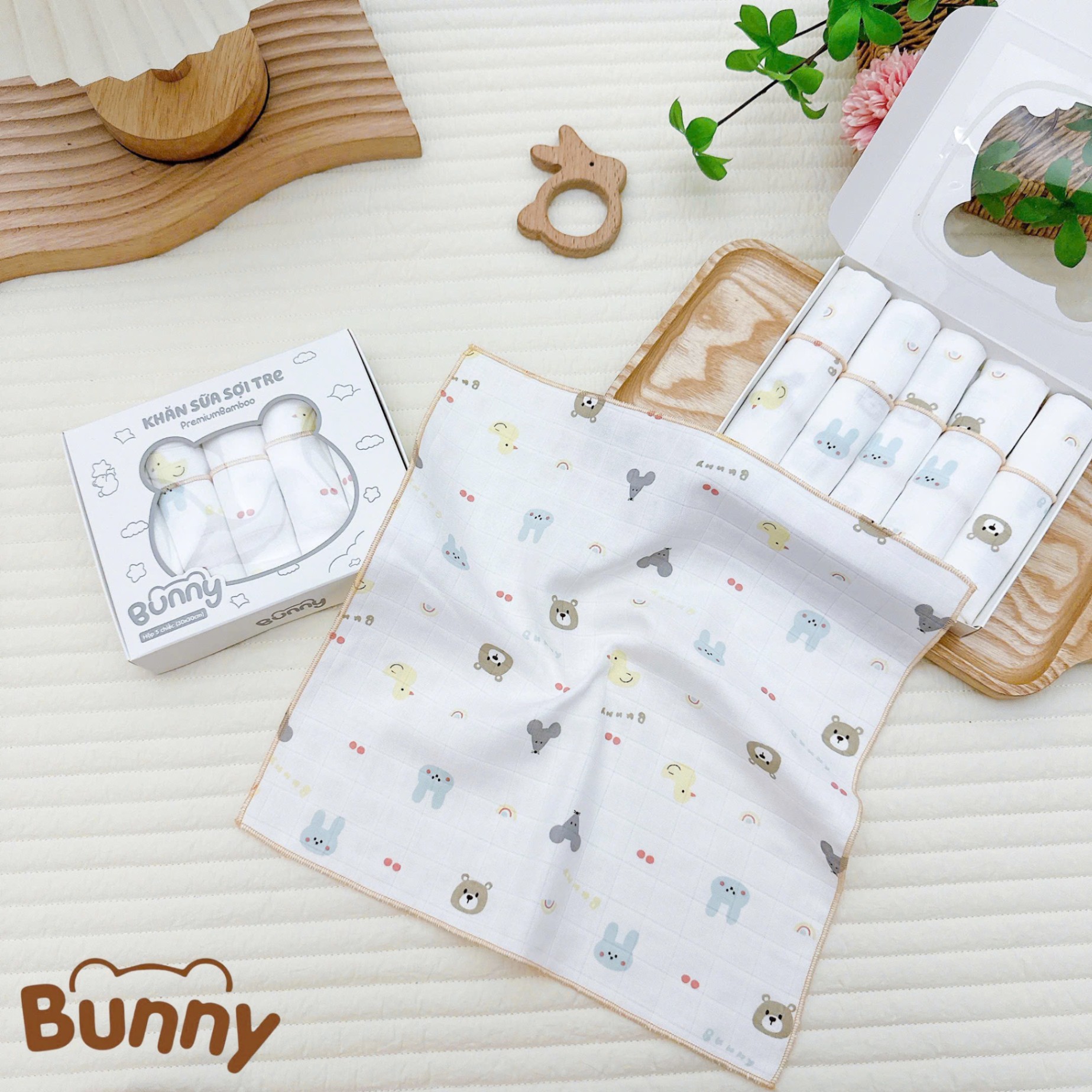 Set 5 khăn sữa cho bé sợi tre Bunny Premium Bamboo mềm mại, nhẹ nhàng như lụa càng dùng càng thích kích thước 30x30cm