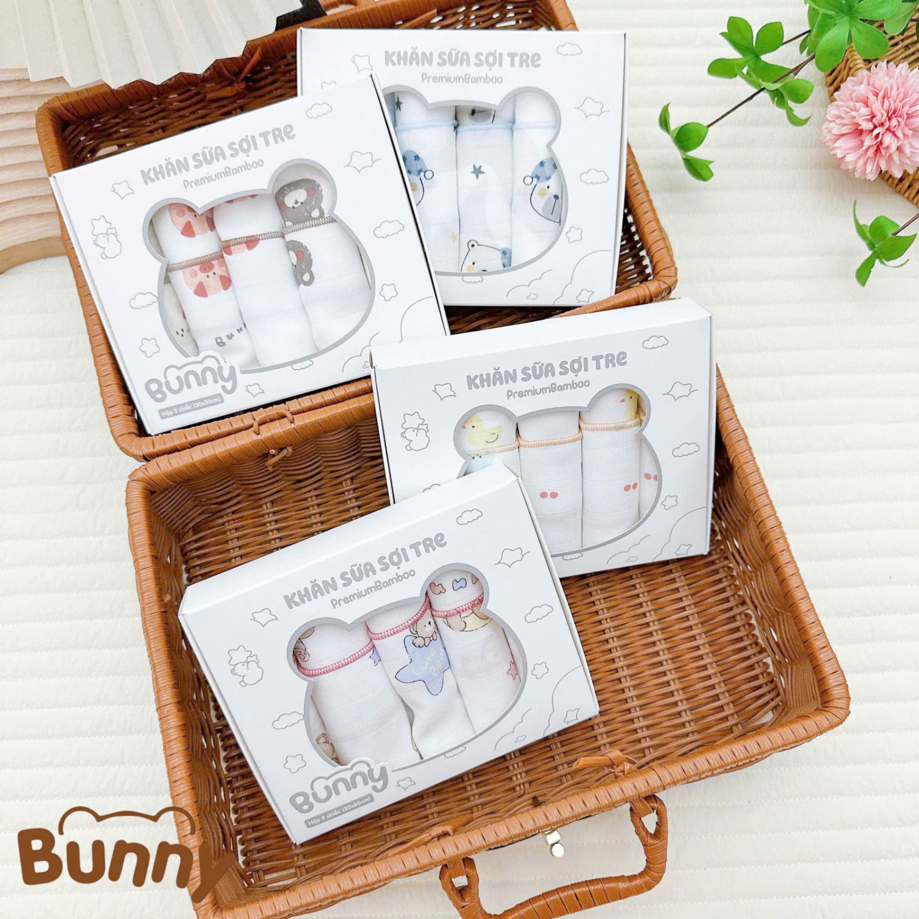 Set 5 khăn sữa cho bé sợi tre Bunny Premium Bamboo mềm mại, nhẹ nhàng như lụa càng dùng càng thích kích thước 30x30cm