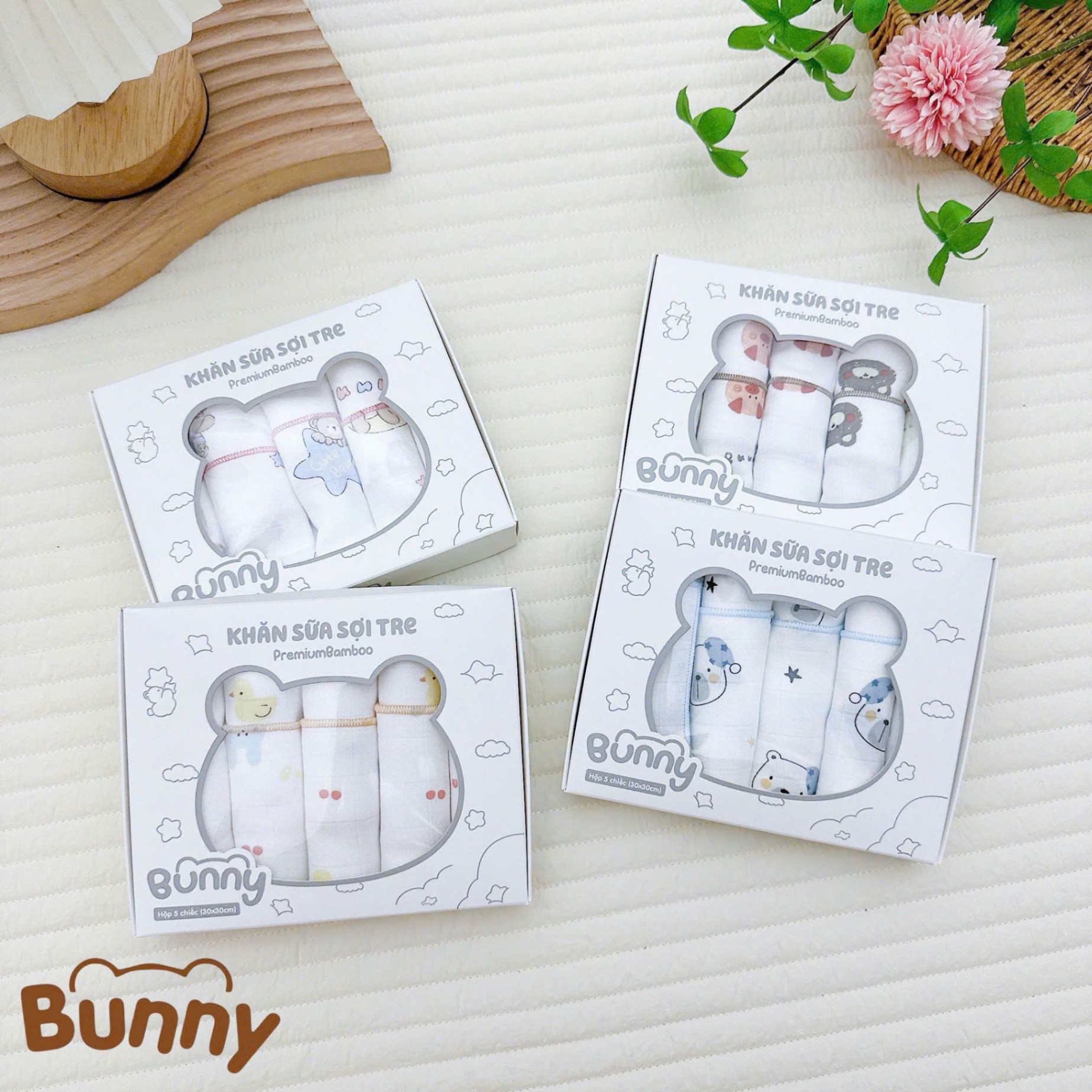 Set 5 khăn sữa cho bé sợi tre Bunny Premium Bamboo mềm mại, nhẹ nhàng như lụa càng dùng càng thích kích thước 30x30cm