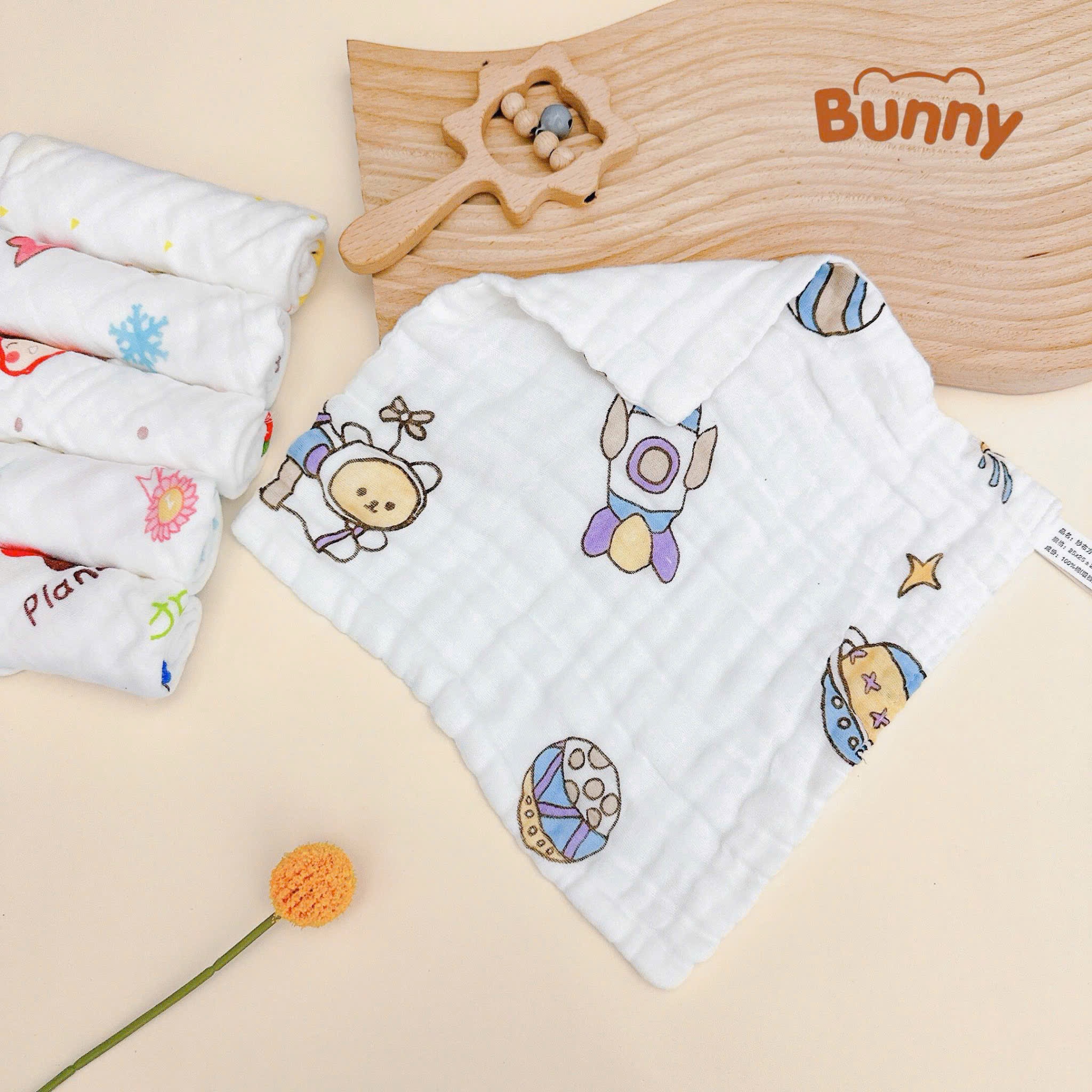 Set 5 khăn sữa Bunny xô nhăn 6 lớp Cotton Organic in hoạ tiết dùng cho trẻ sơ sinh, trẻ nhỏ siêu mềm, thấm hút kích thước 30x30cm