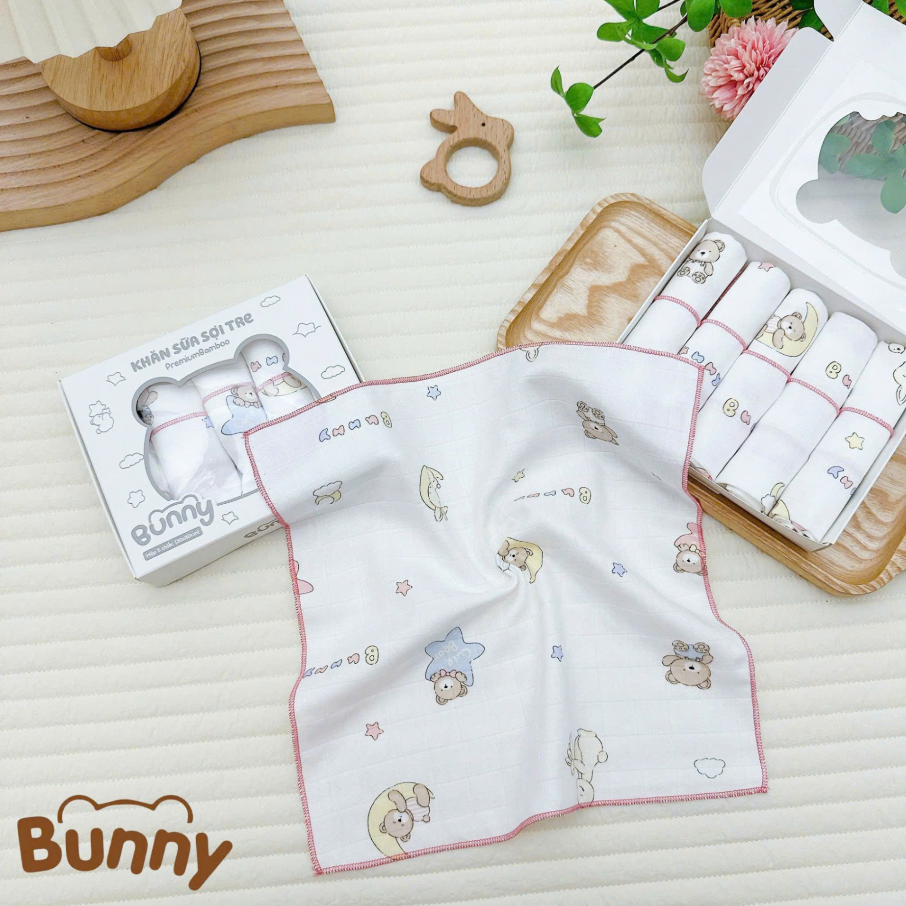 Set 5 khăn sữa cho bé sợi tre Bunny Premium Bamboo mềm mại, nhẹ nhàng như lụa càng dùng càng thích kích thước 30x30cm