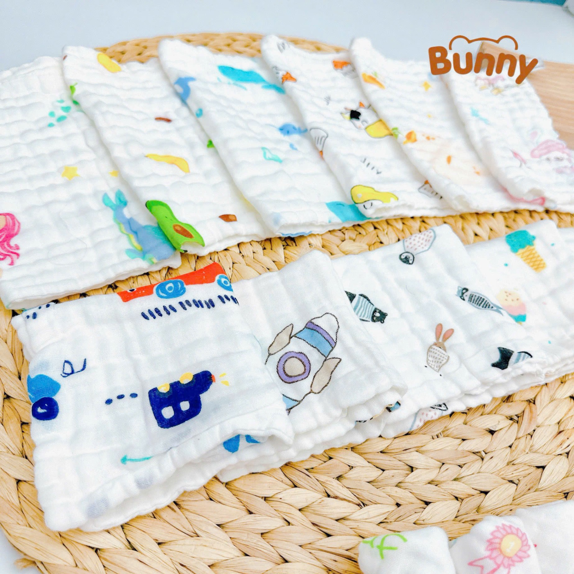 Set 5 khăn sữa Bunny xô nhăn 6 lớp Cotton Organic in hoạ tiết dùng cho trẻ sơ sinh, trẻ nhỏ siêu mềm, thấm hút kích thước 30x30cm