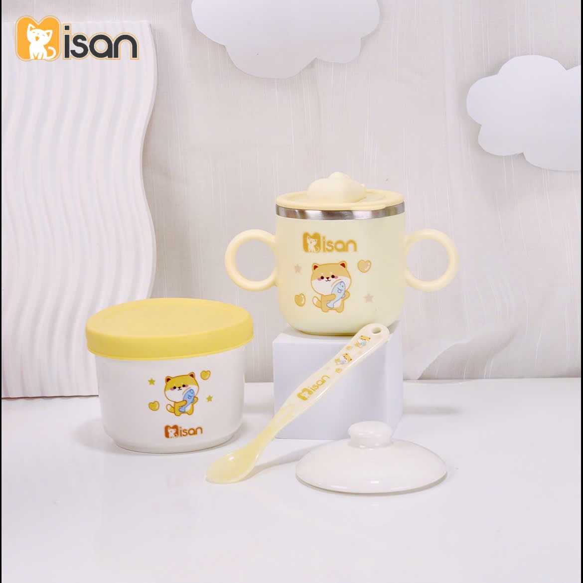 Set ăn dặm tiện lợi Misan gồm cốc tập uống inox, hũ sứ 2 nắp và thìa báo nóng cho bé ăn dặm - Corgi