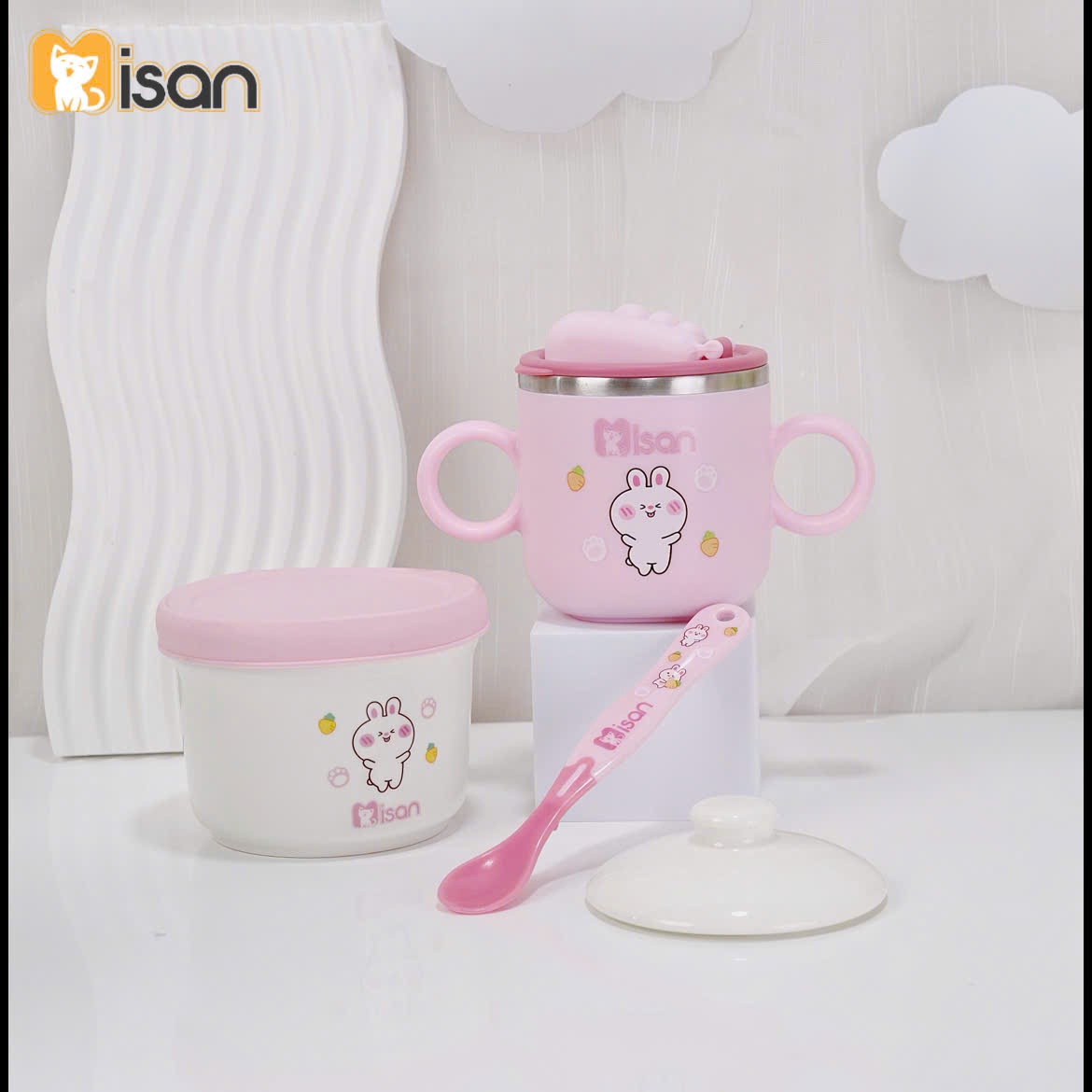 Set ăn dặm tiện lợi Misan gồm cốc tập uống inox, hũ sứ 2 nắp và thìa báo nóng cho bé ăn dặm - Thỏ hồng