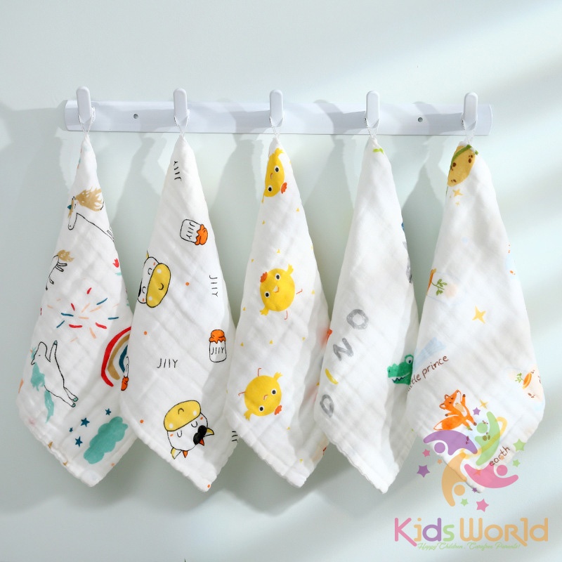 Set 5 khăn xô nhăn 6 lớp cho bé KidsWorld đa năng làm khăn yếm dãi, khăn sữa, khăn tắm, khăn mặt kích thước 25x25cm
