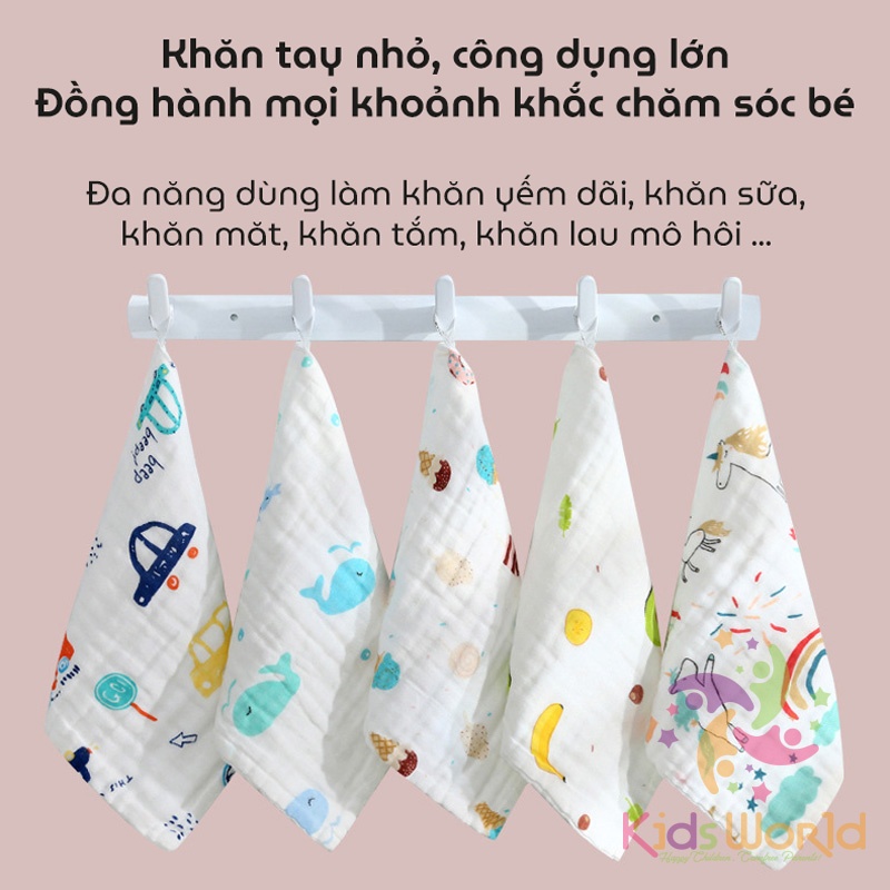 Set 5 khăn xô nhăn 6 lớp cho bé KidsWorld đa năng làm khăn yếm dãi, khăn sữa, khăn tắm, khăn mặt kích thước 25x25cm