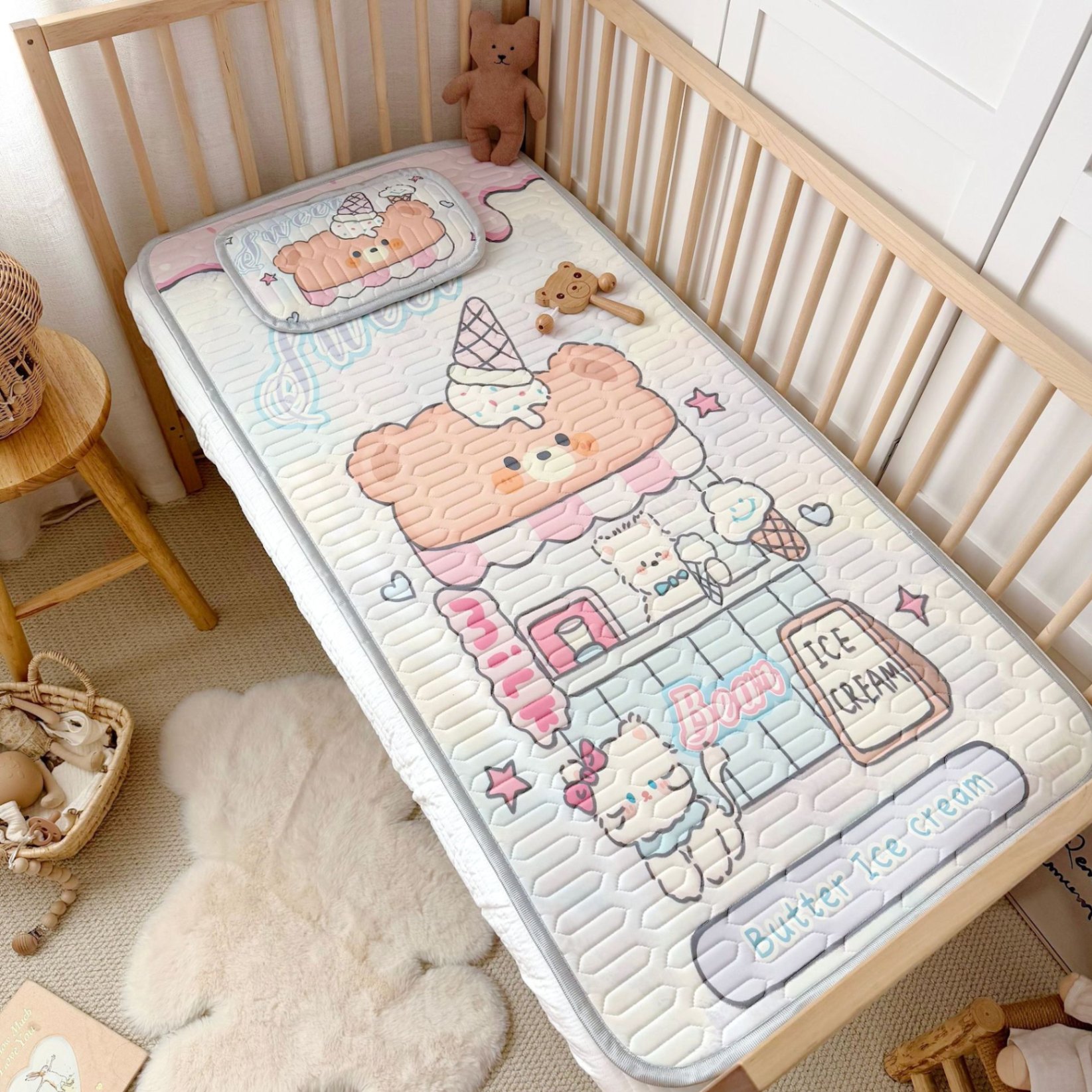 Chiếu điều hoà cho bé, chiếu điều hoà cao su non 5D kèm gối cho bé nằm nôi nằm giường tiện lợi kích thước 60x120cm