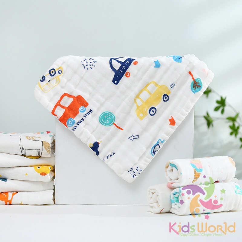 Set 5 khăn xô nhăn 6 lớp cho bé KidsWorld đa năng làm khăn yếm dãi, khăn sữa, khăn tắm, khăn mặt kích thước 25x25cm