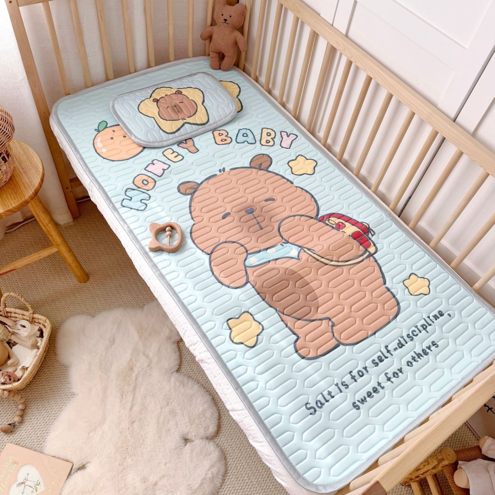 Chiếu điều hoà cho bé, chiếu điều hoà cao su non 5D kèm gối cho bé nằm nôi nằm giường tiện lợi kích thước 60x120cm