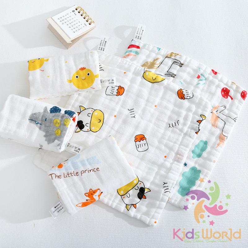 Set 5 khăn xô nhăn 6 lớp cho bé KidsWorld đa năng làm khăn yếm dãi, khăn sữa, khăn tắm, khăn mặt kích thước 25x25cm