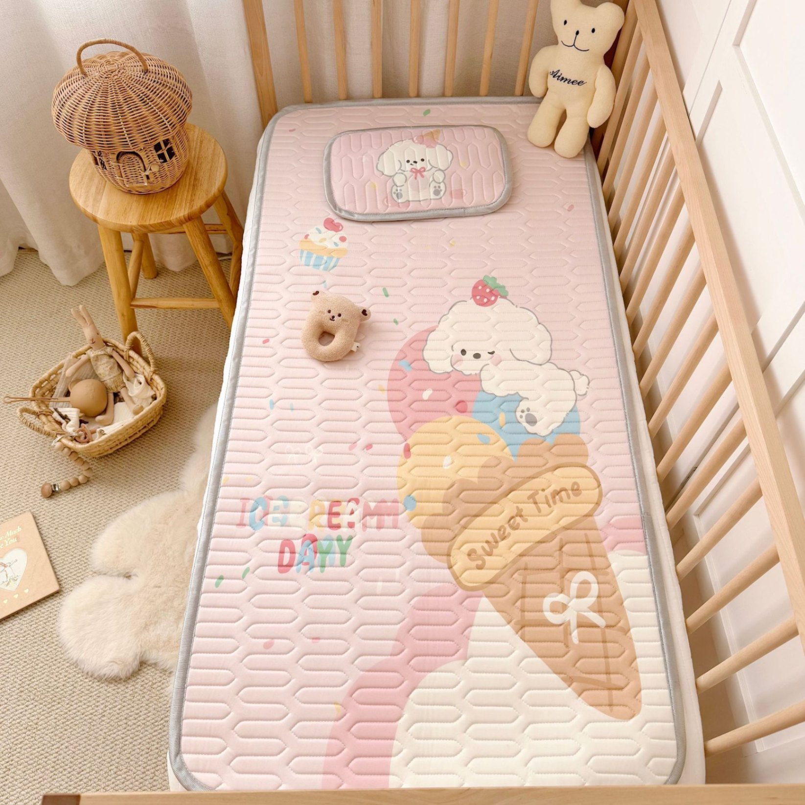 Chiếu điều hoà cho bé, chiếu điều hoà cao su non 5D kèm gối cho bé nằm nôi nằm giường tiện lợi kích thước 60x120cm