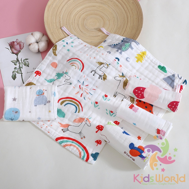 Set 5 khăn xô nhăn 6 lớp cho bé KidsWorld đa năng làm khăn yếm dãi, khăn sữa, khăn tắm, khăn mặt kích thước 25x25cm