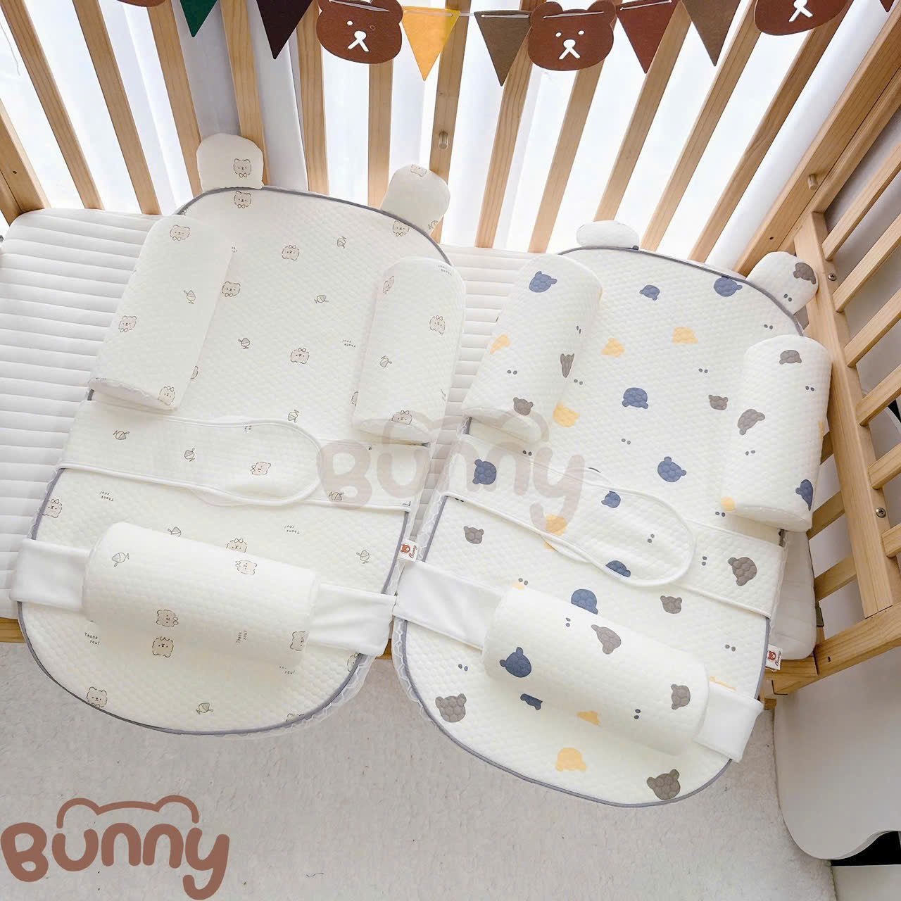 Đệm gối chống trào ngược cao cấp Bunny kèm gối chặn, đai giữ bé, gối gác chân hỗ trợ bé nằm đúng tư thế